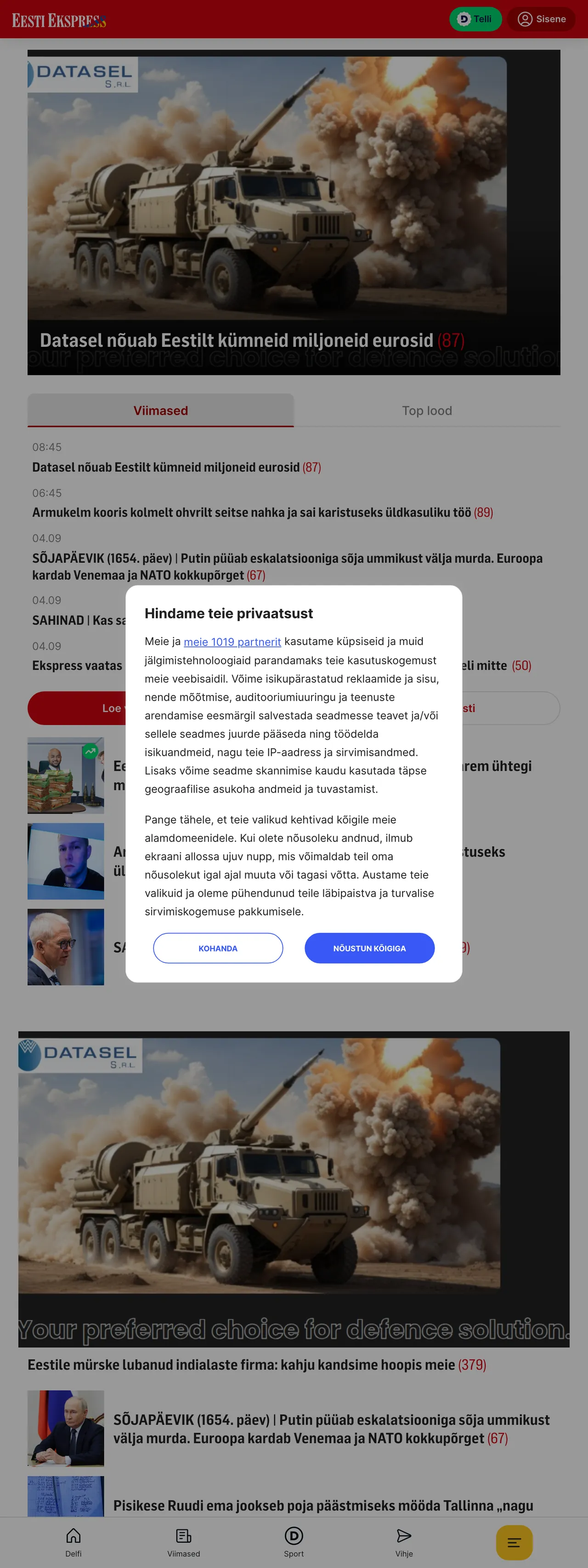 Screenshot of the Eesti Ekspress front page