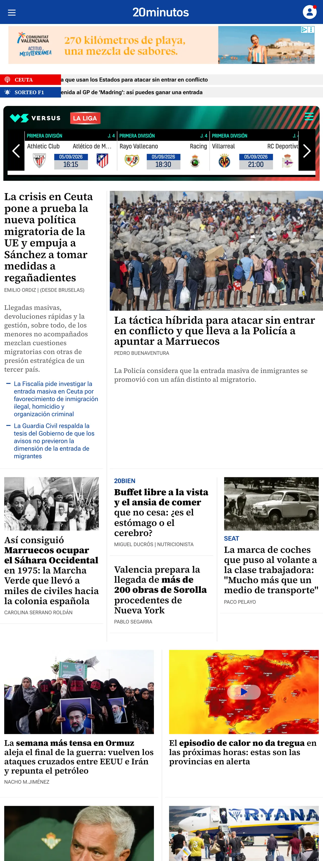 Screenshot of the 20minutos front page