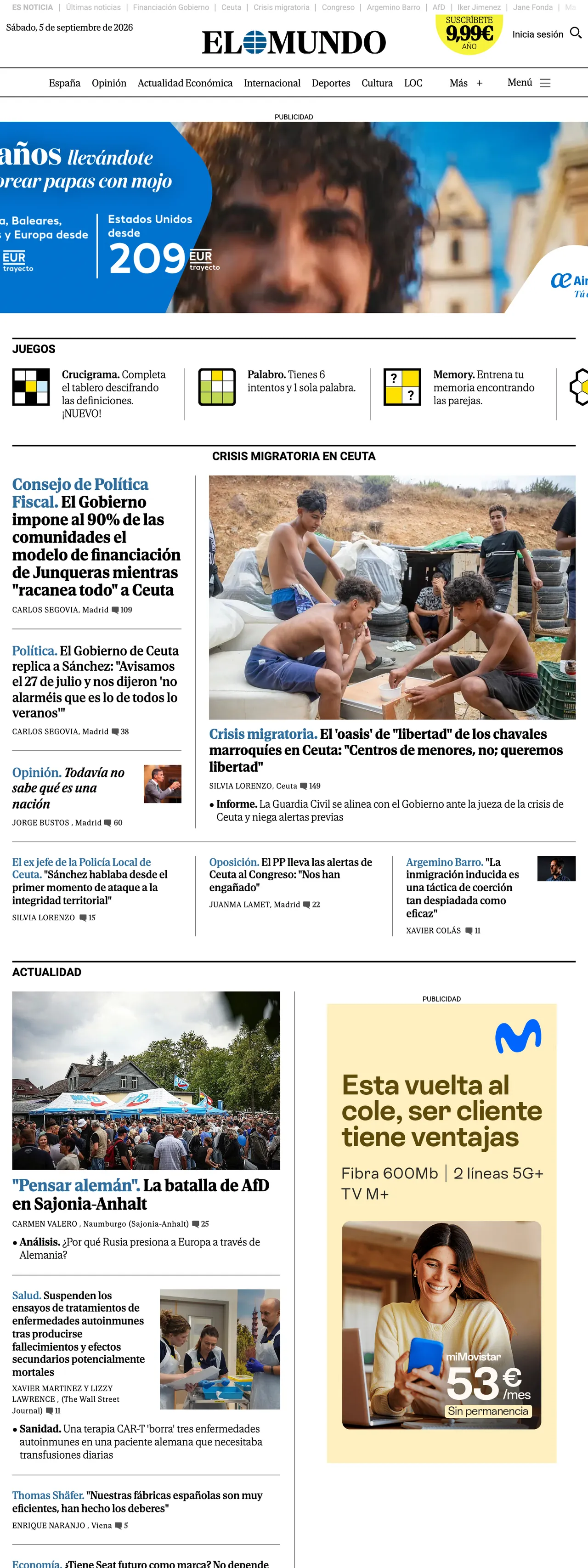Screenshot of the El Mundo front page