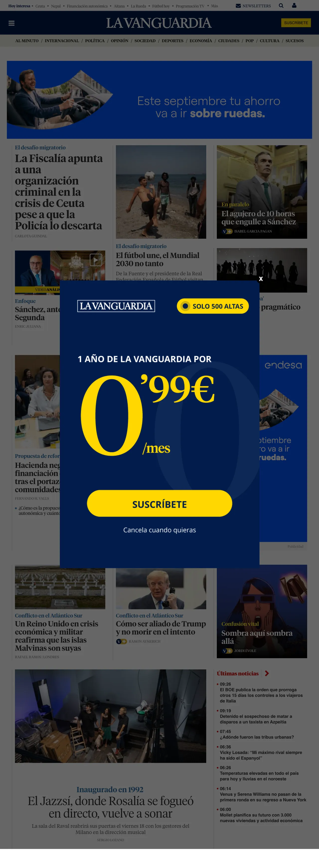Screenshot of the La Vanguardia front page
