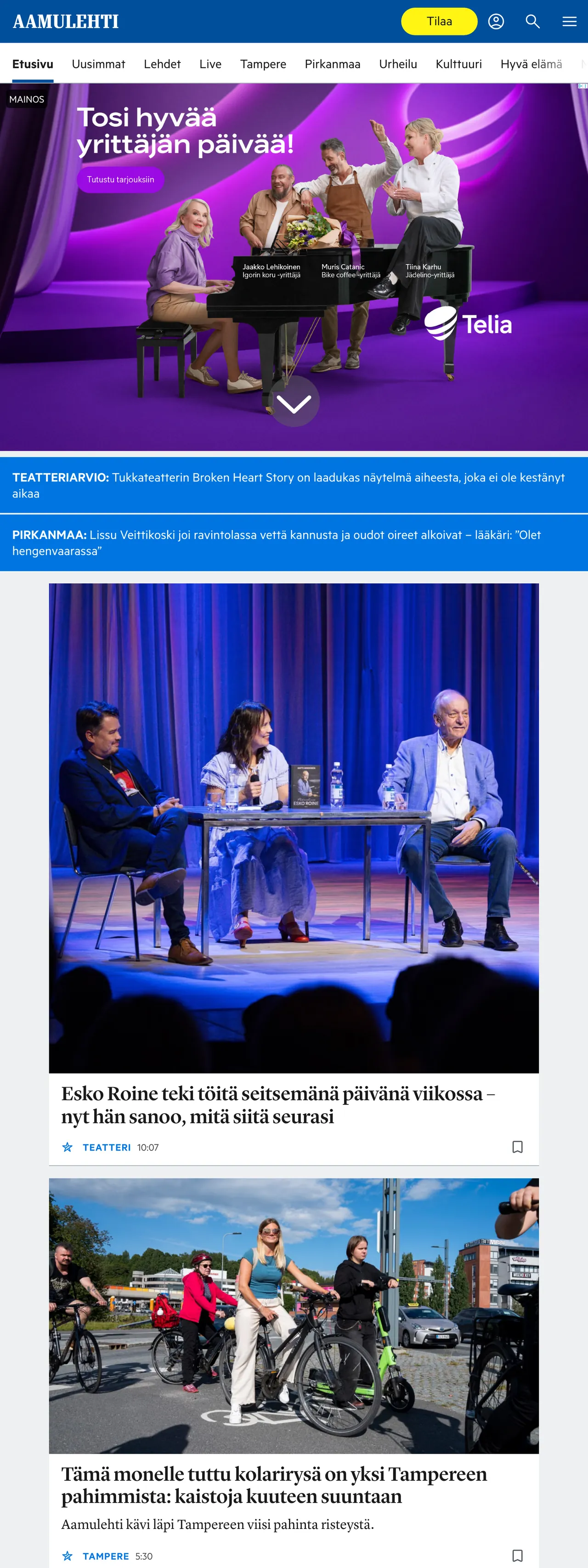 Screenshot of the Aamulehti front page