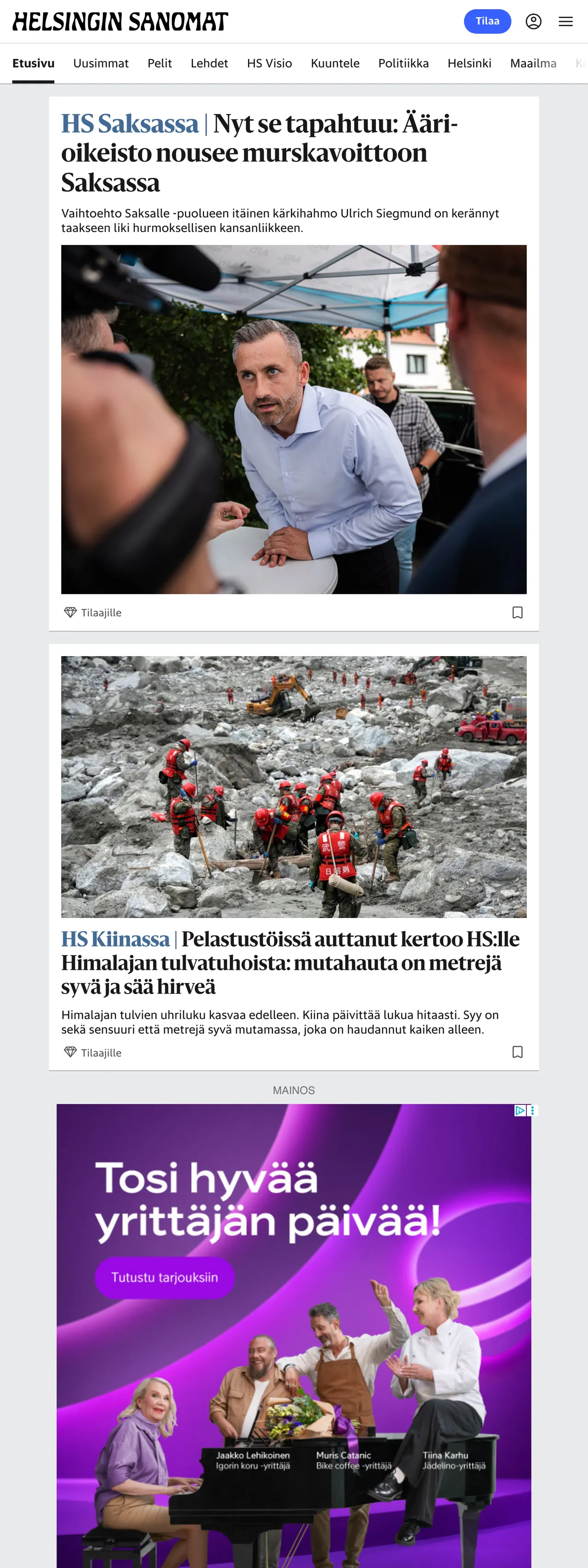 Screenshot of the Helsingin Sanomat front page