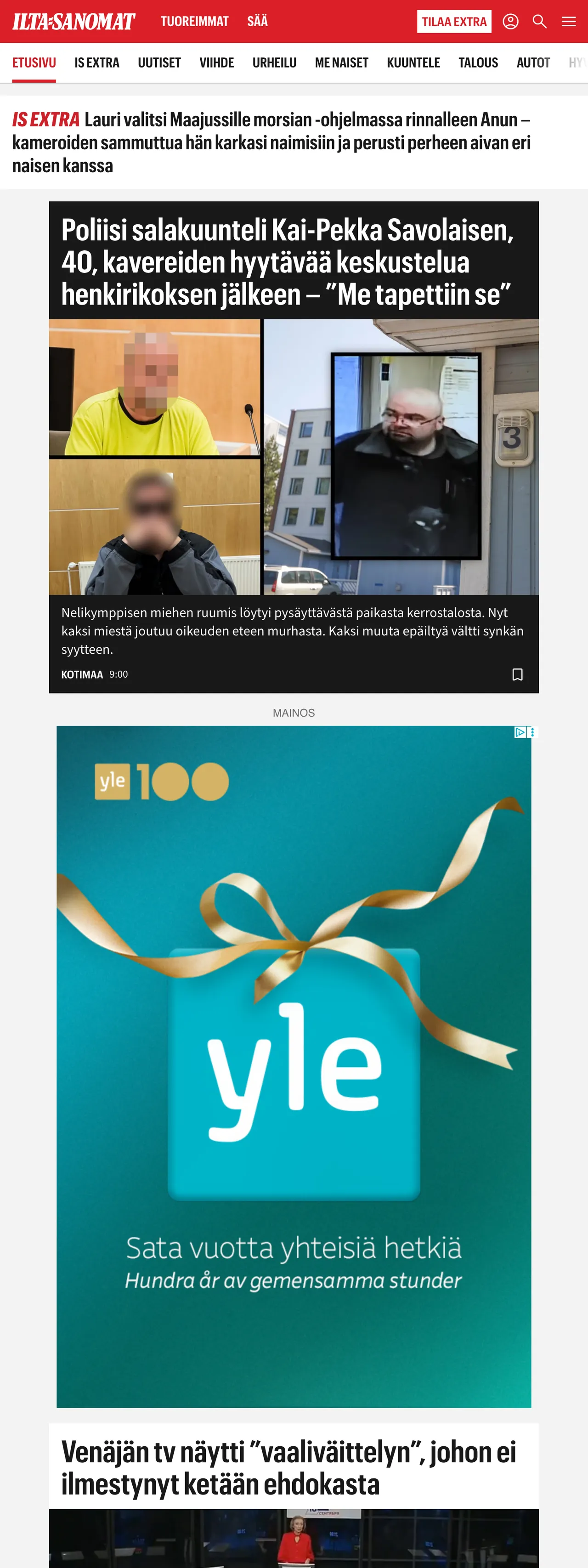 Screenshot of the Ilta-Sanomat front page