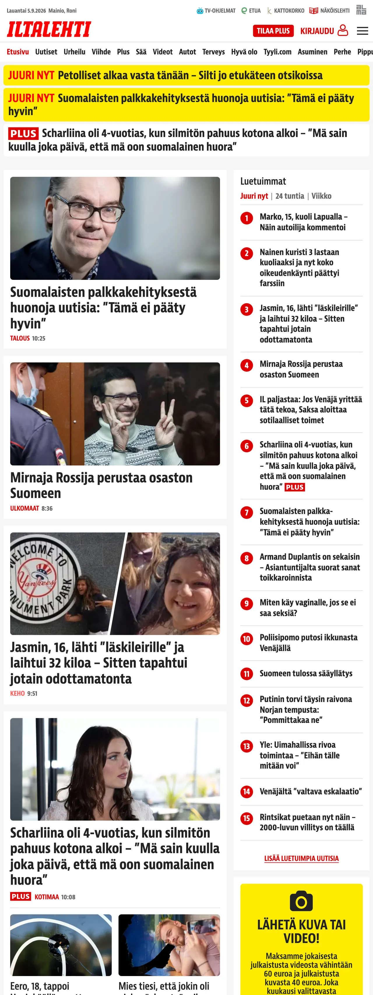 Screenshot of the Iltalehti front page
