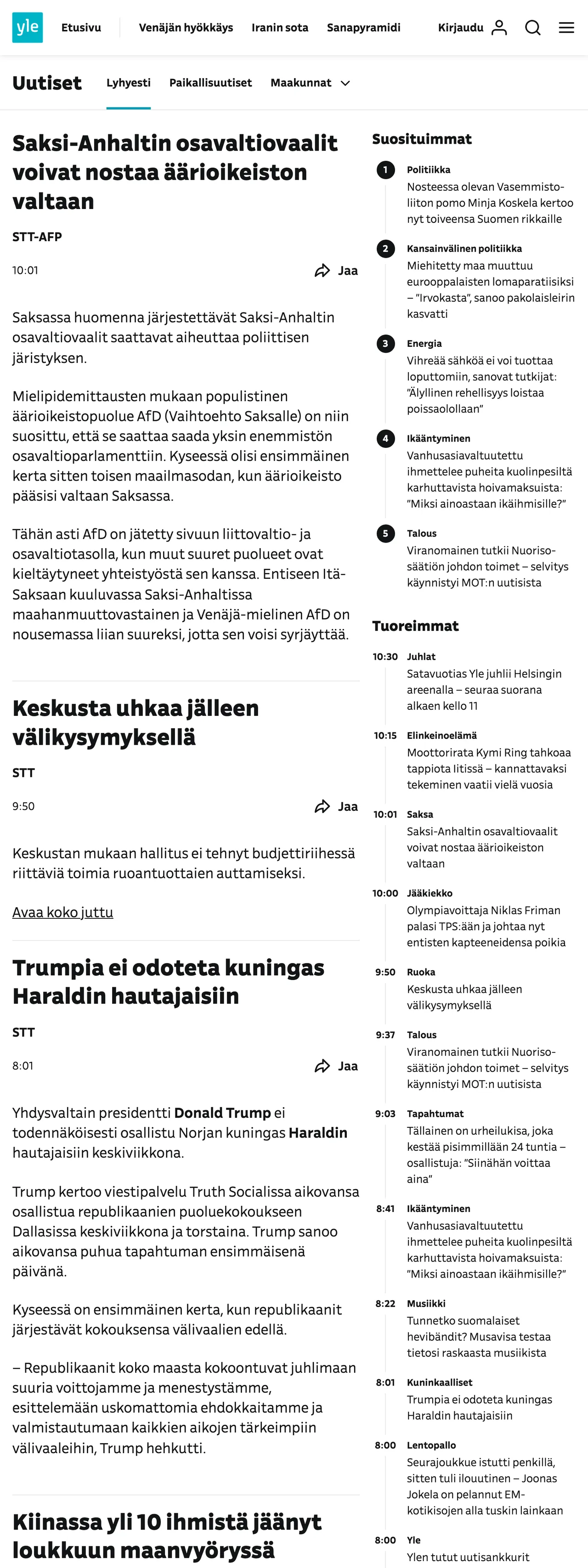 Screenshot of the Yle front page