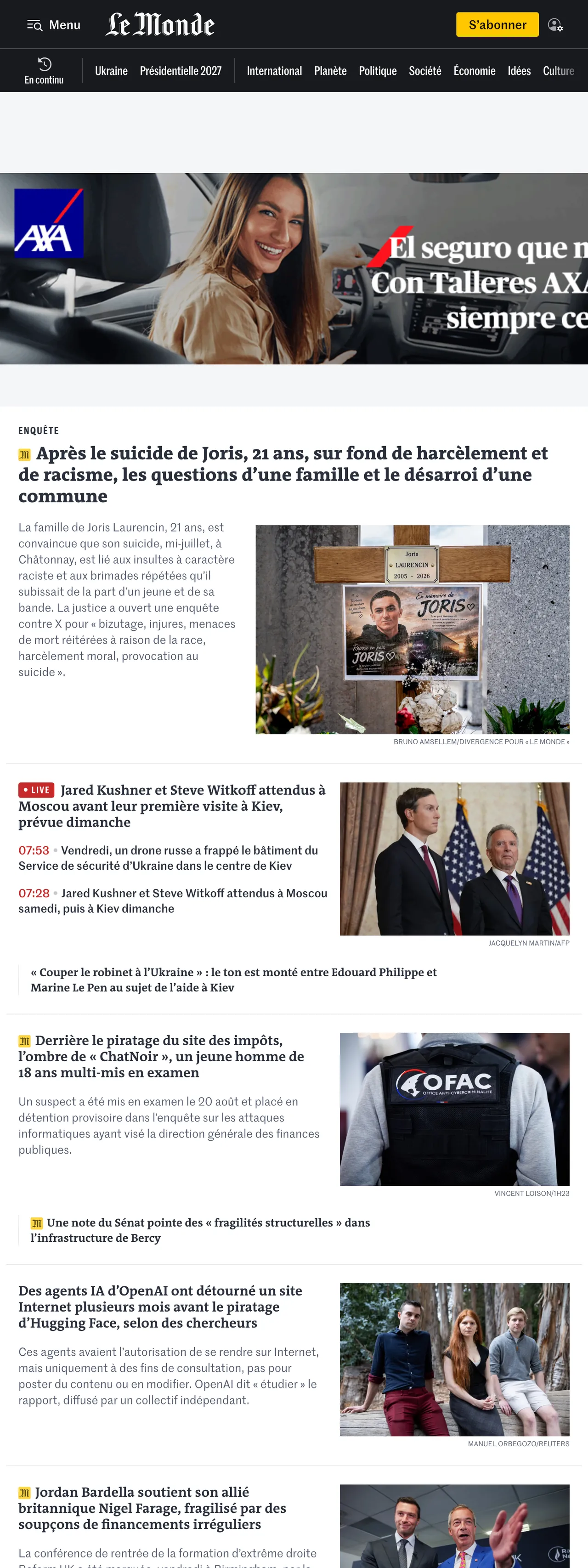 Screenshot of the Le Monde front page