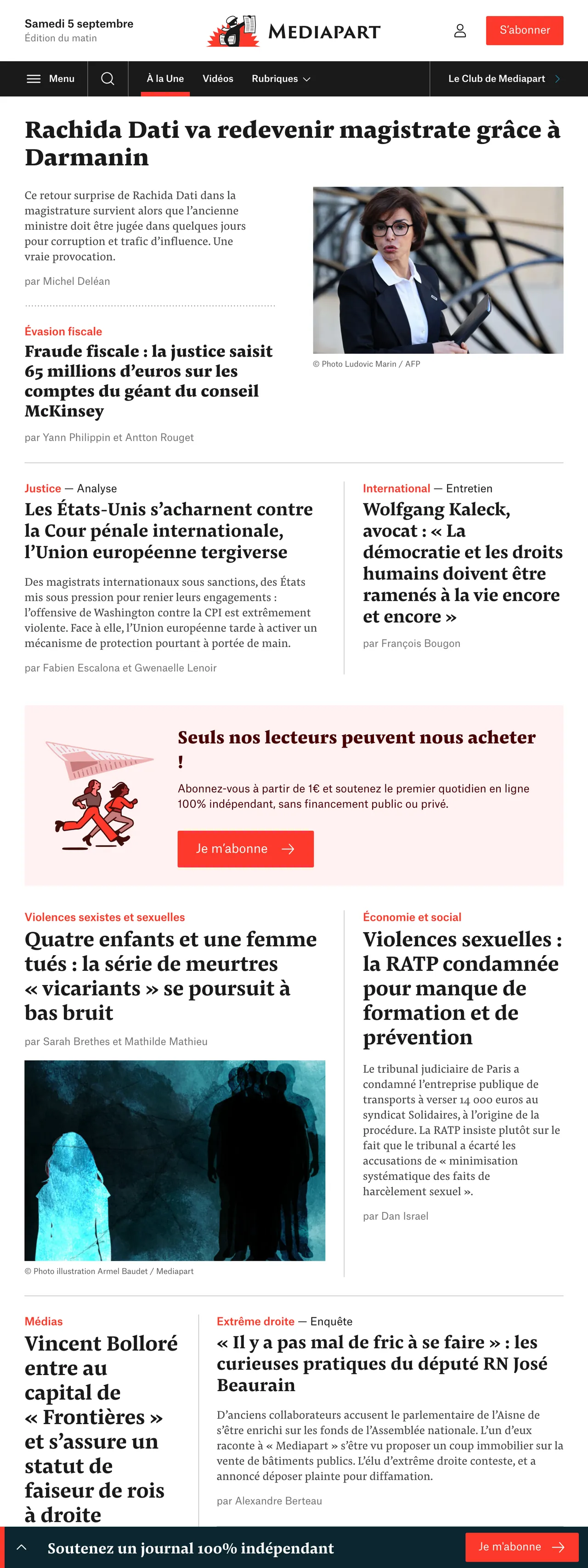 Screenshot of the Mediapart front page