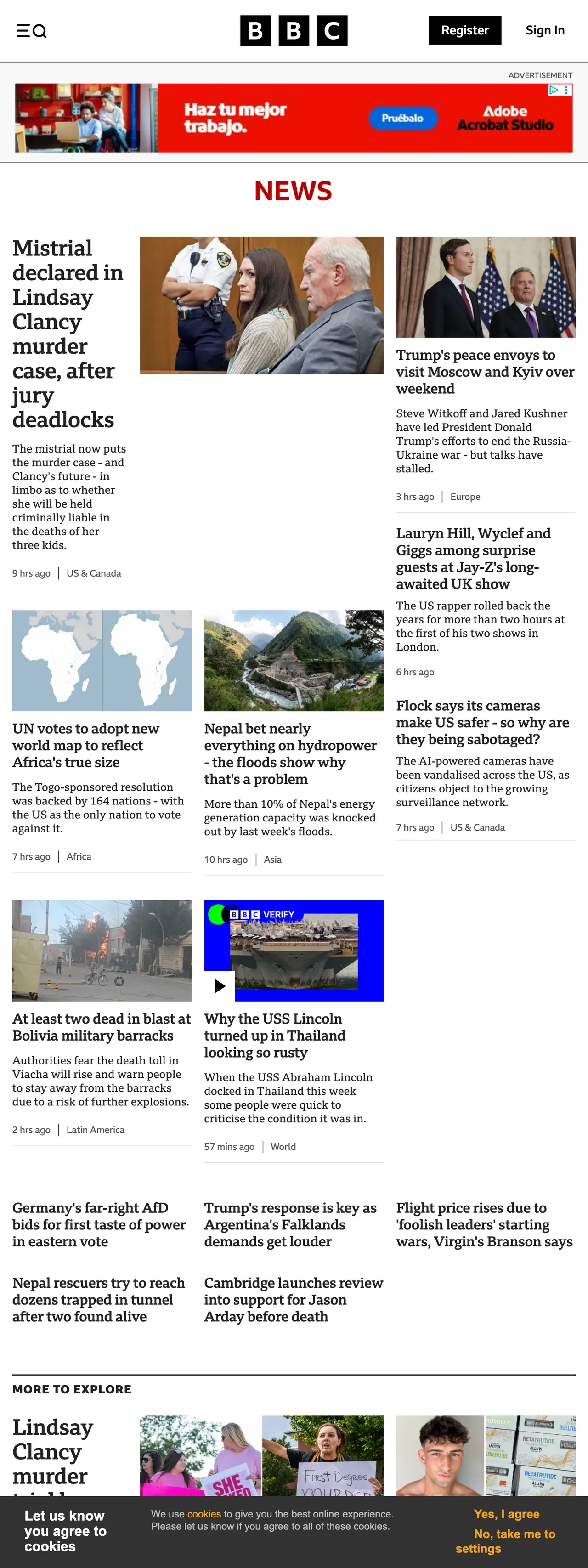 Screenshot of the BBC News front page