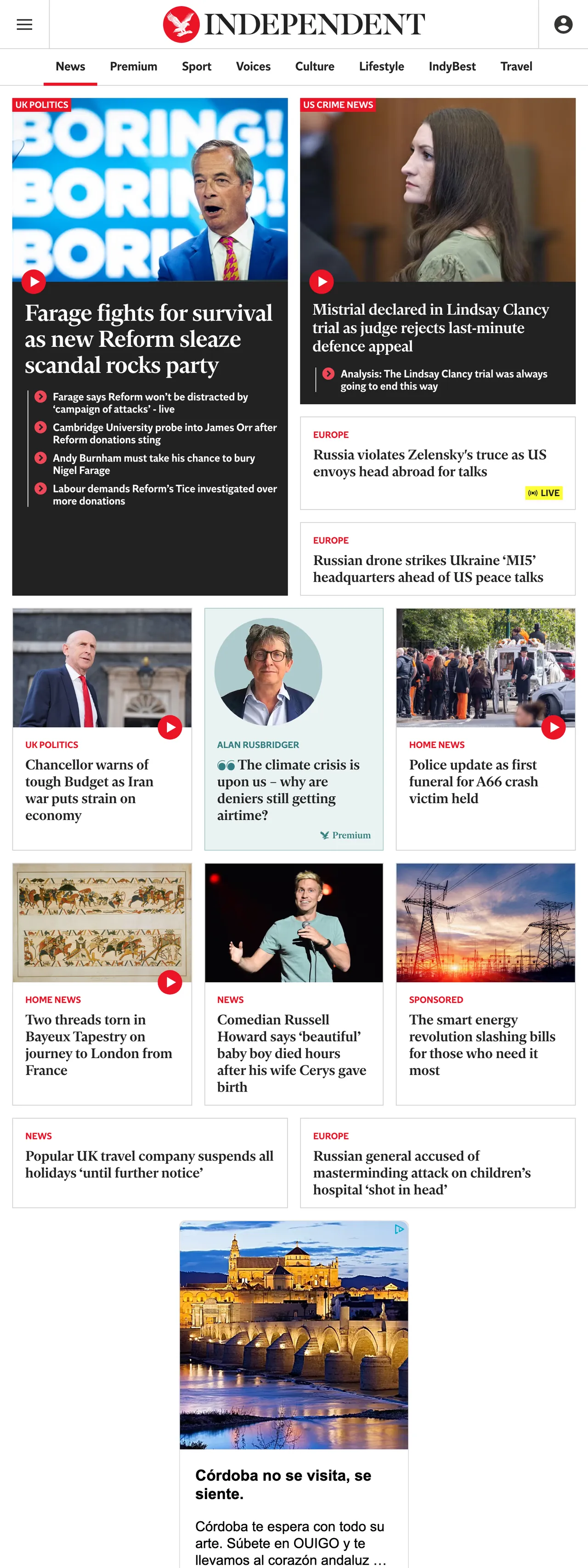 Screenshot of the The Independent front page