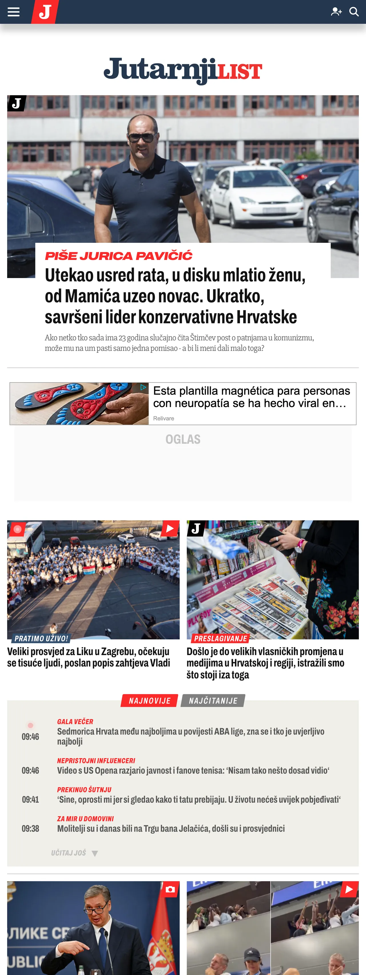 Screenshot of the Jutarnji list front page