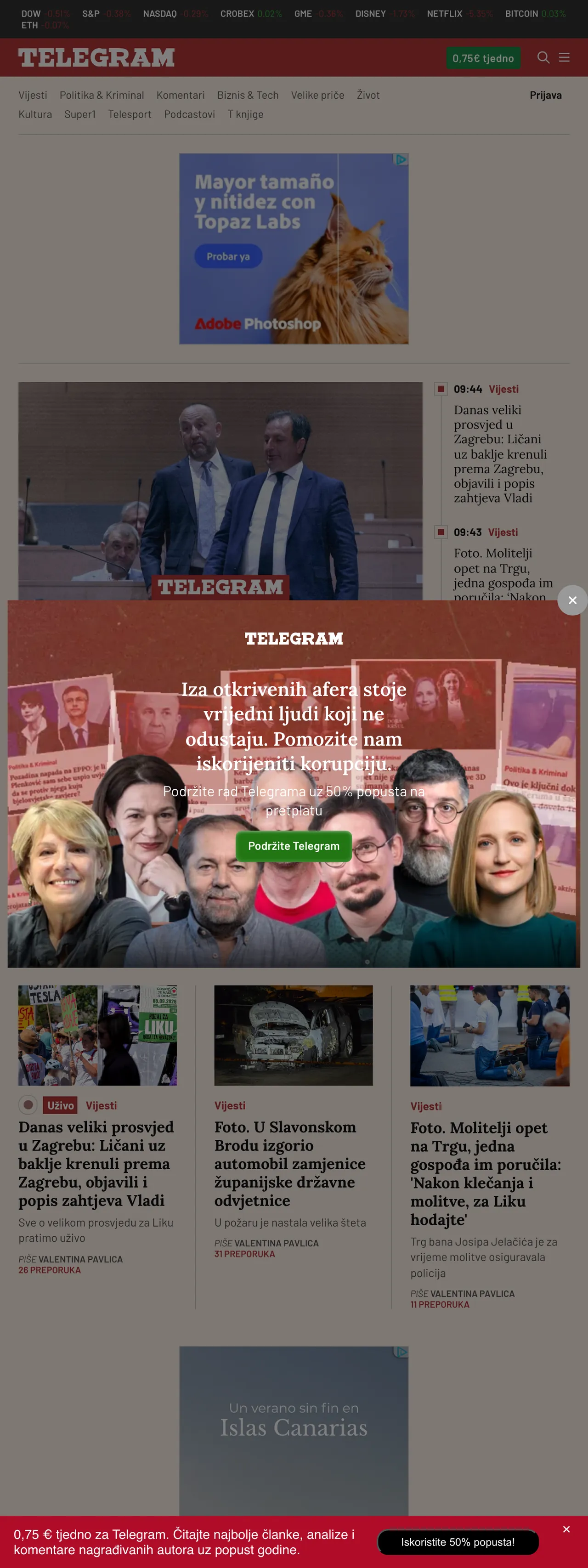 Screenshot of the Telegram.hr front page
