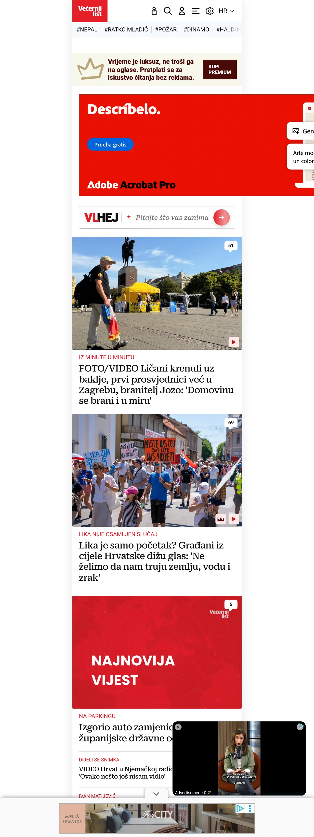 Screenshot of the Večernji list front page