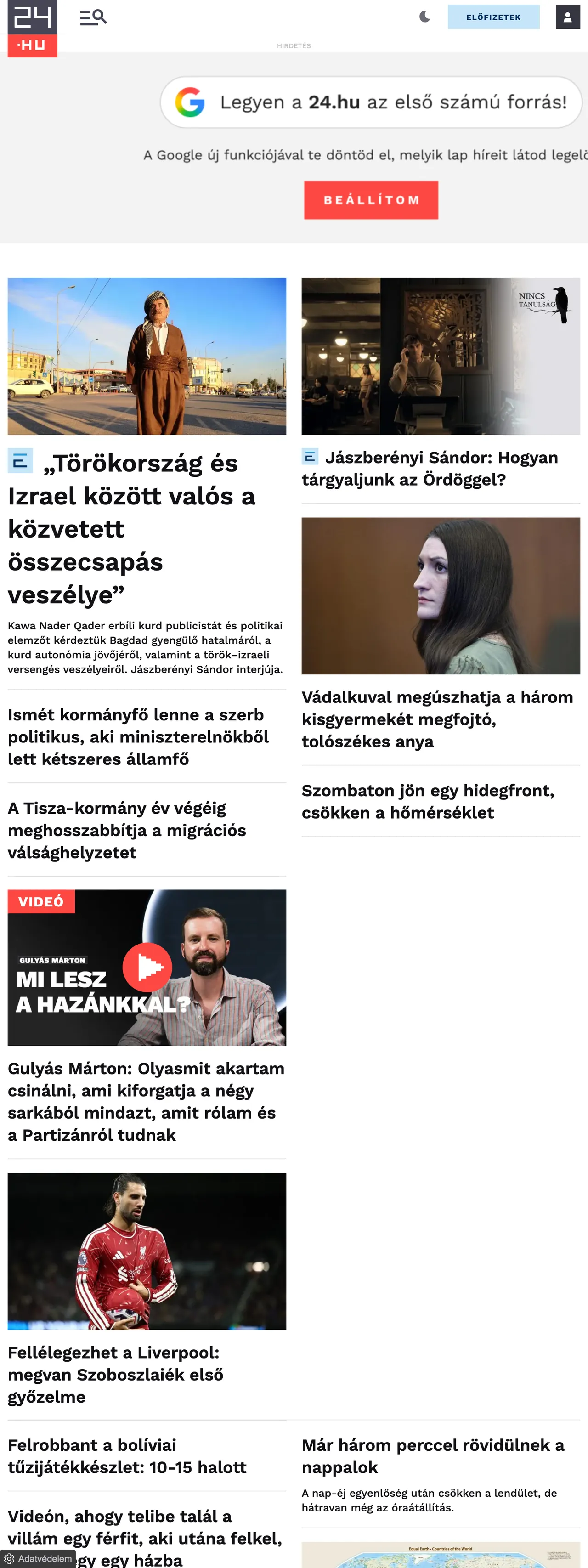 Screenshot of the 24.hu front page