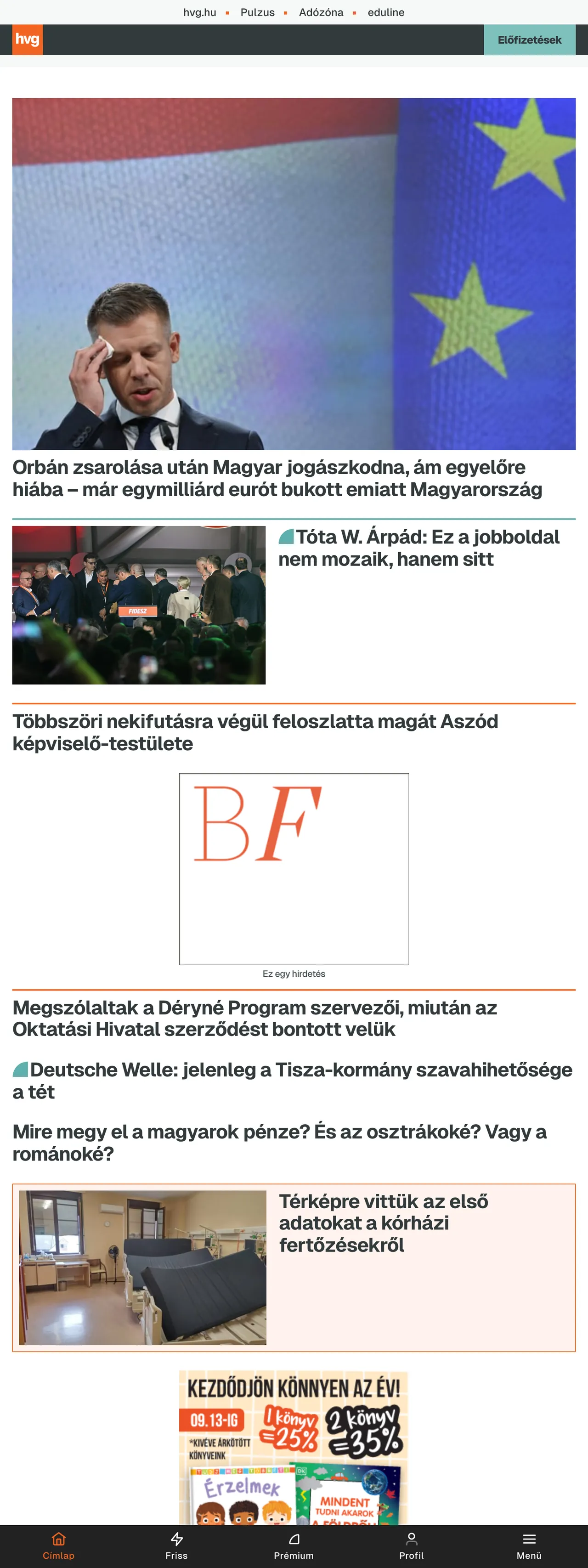 Screenshot of the HVG front page