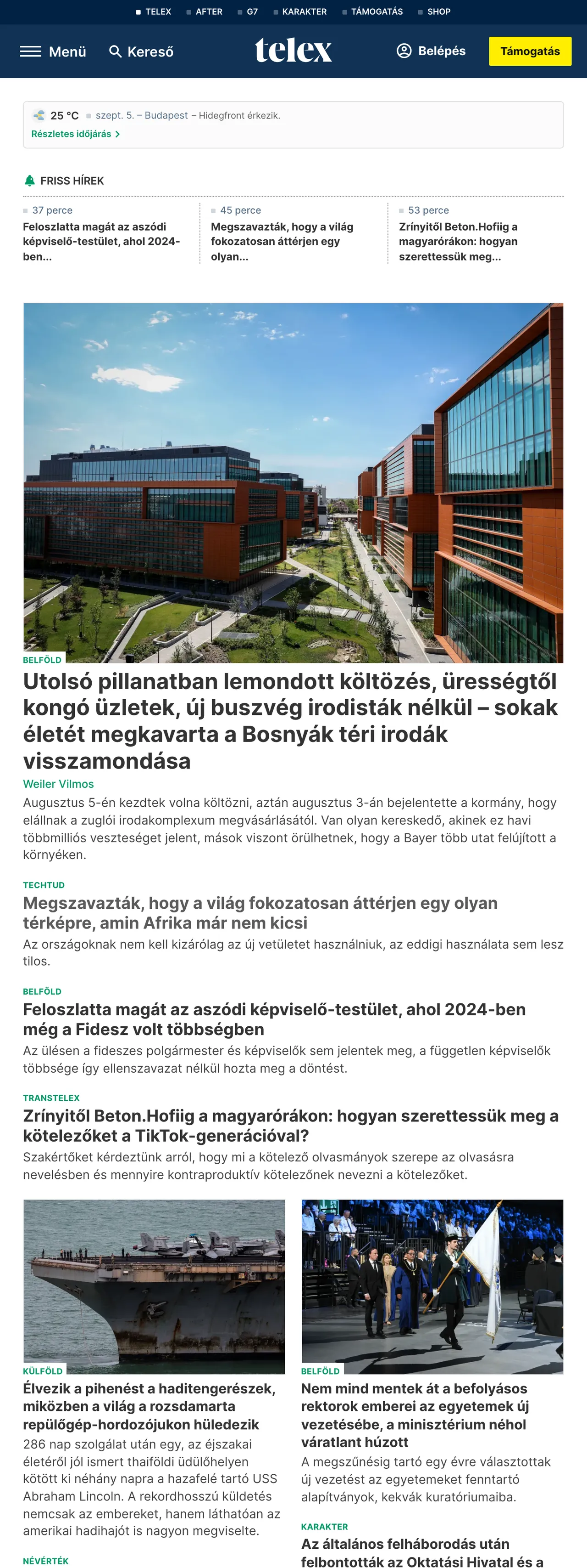 Screenshot of the Telex front page