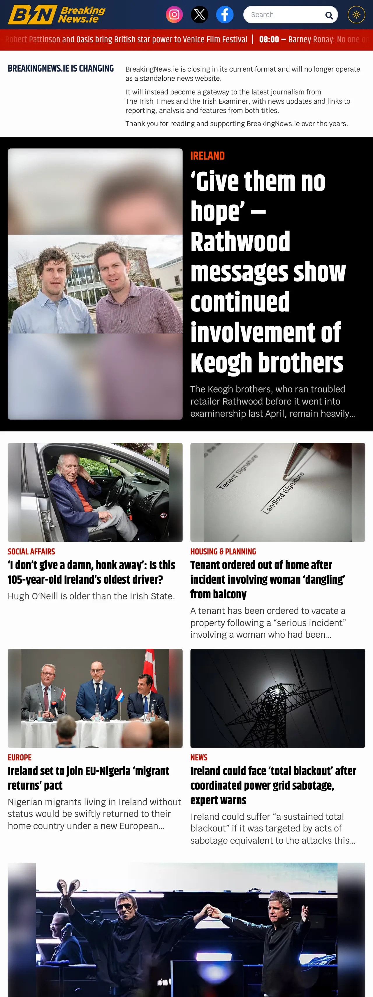 Screenshot of the BreakingNews.ie front page