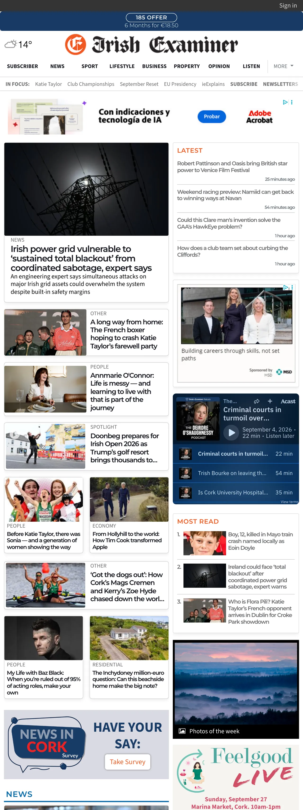 Screenshot of the Irish Examiner front page
