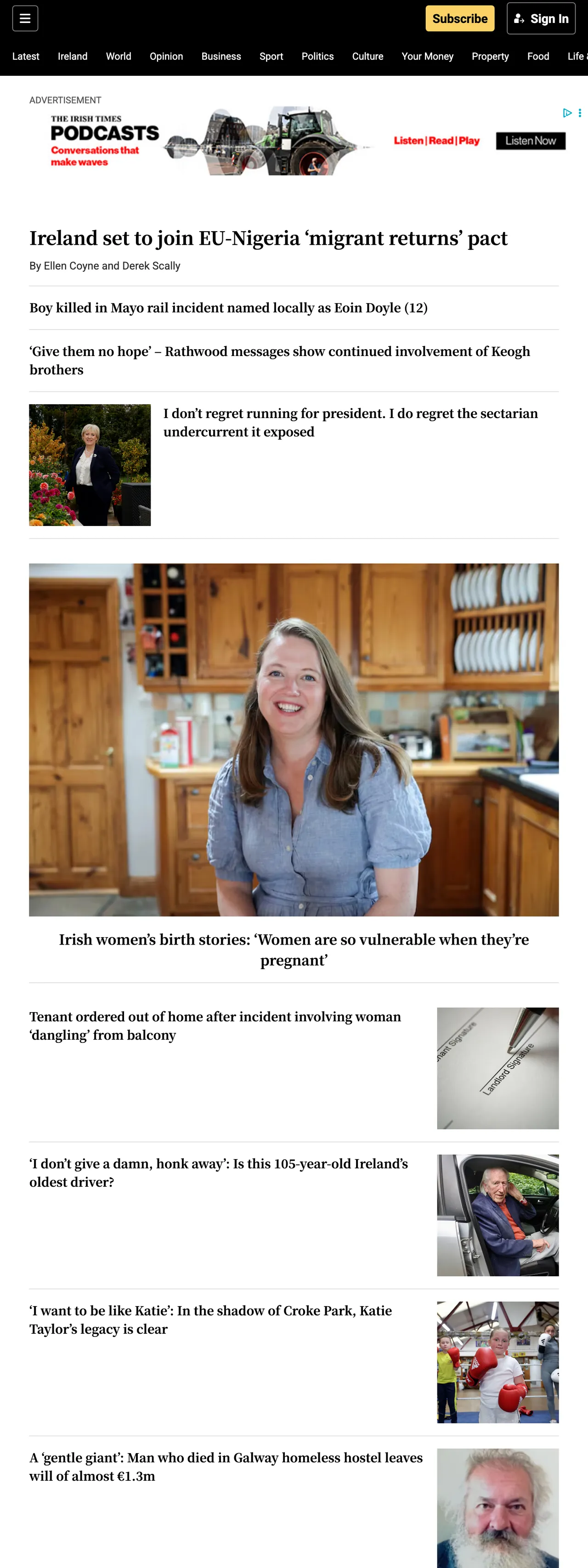 Screenshot of the The Irish Times front page