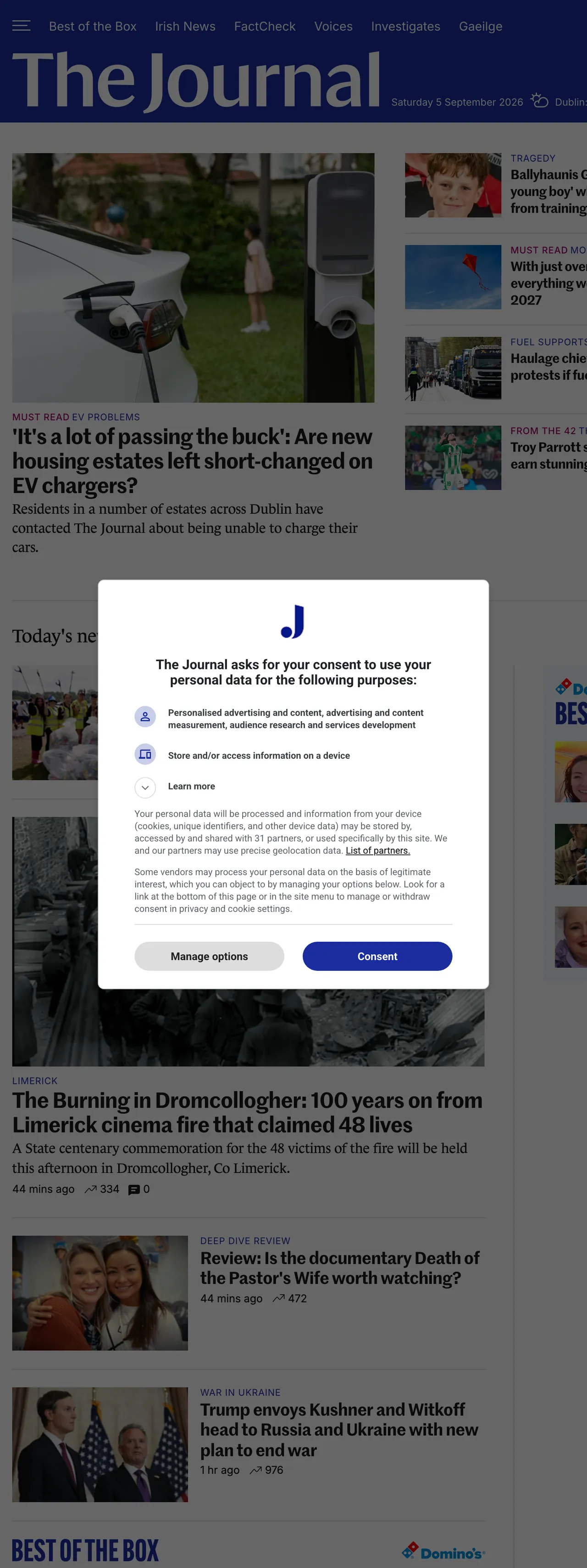 Screenshot of the TheJournal.ie front page