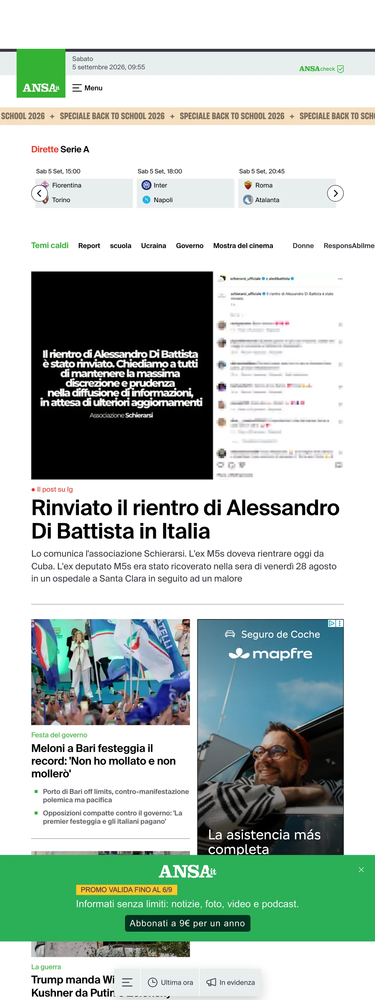 Screenshot of the ANSA front page