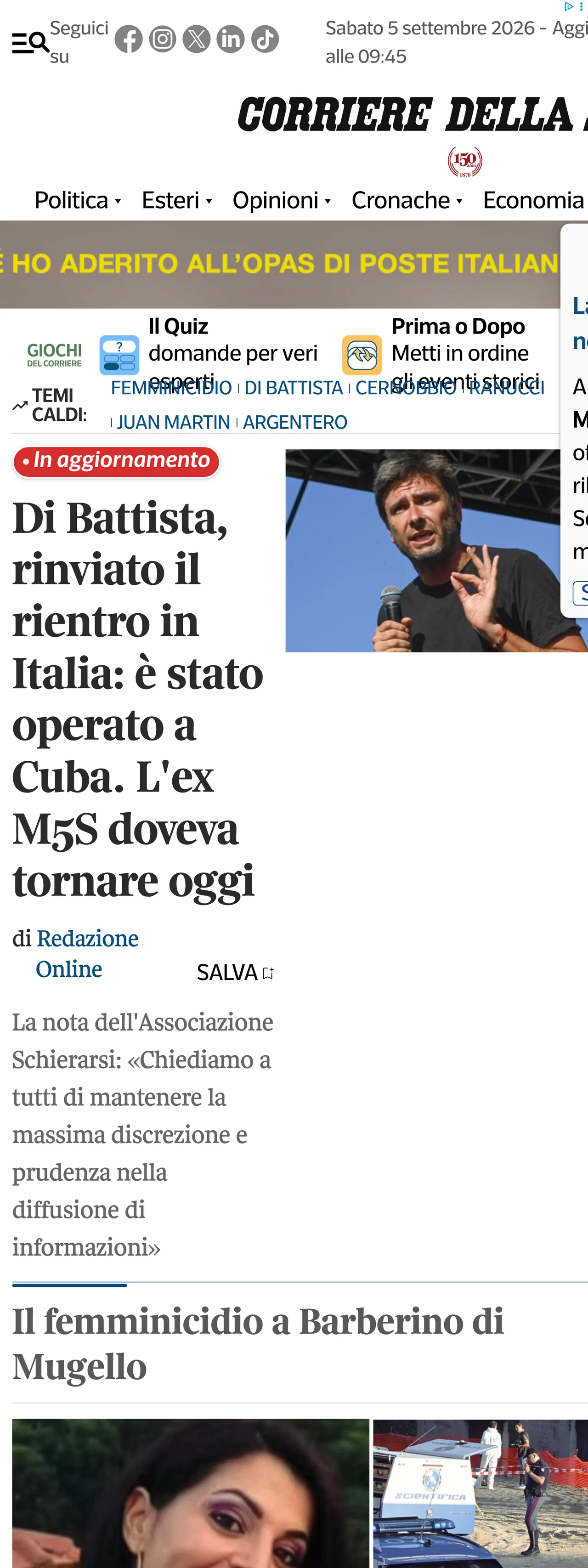 Screenshot of the Corriere della Sera front page