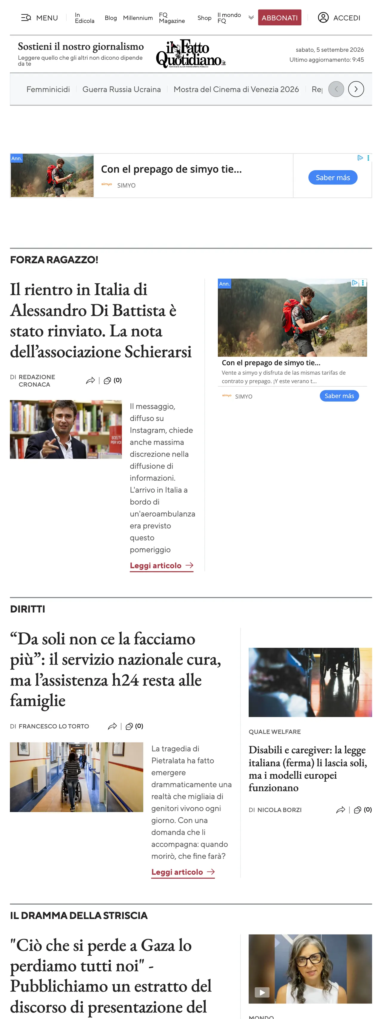 Screenshot of the Il Fatto Quotidiano front page