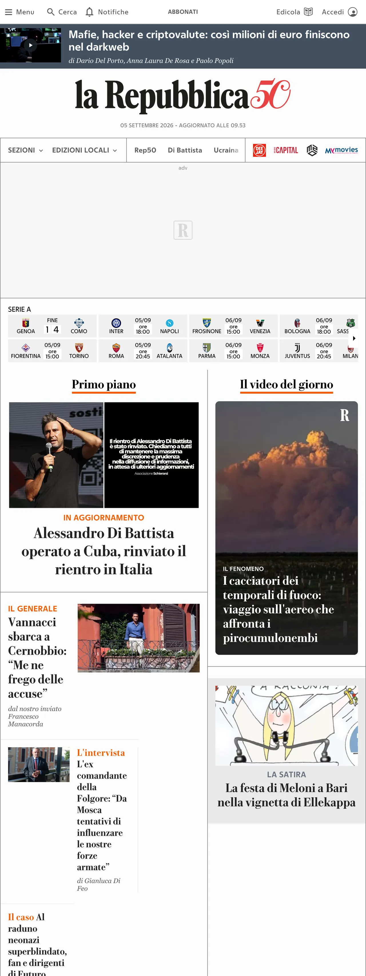 Screenshot of the la Repubblica front page