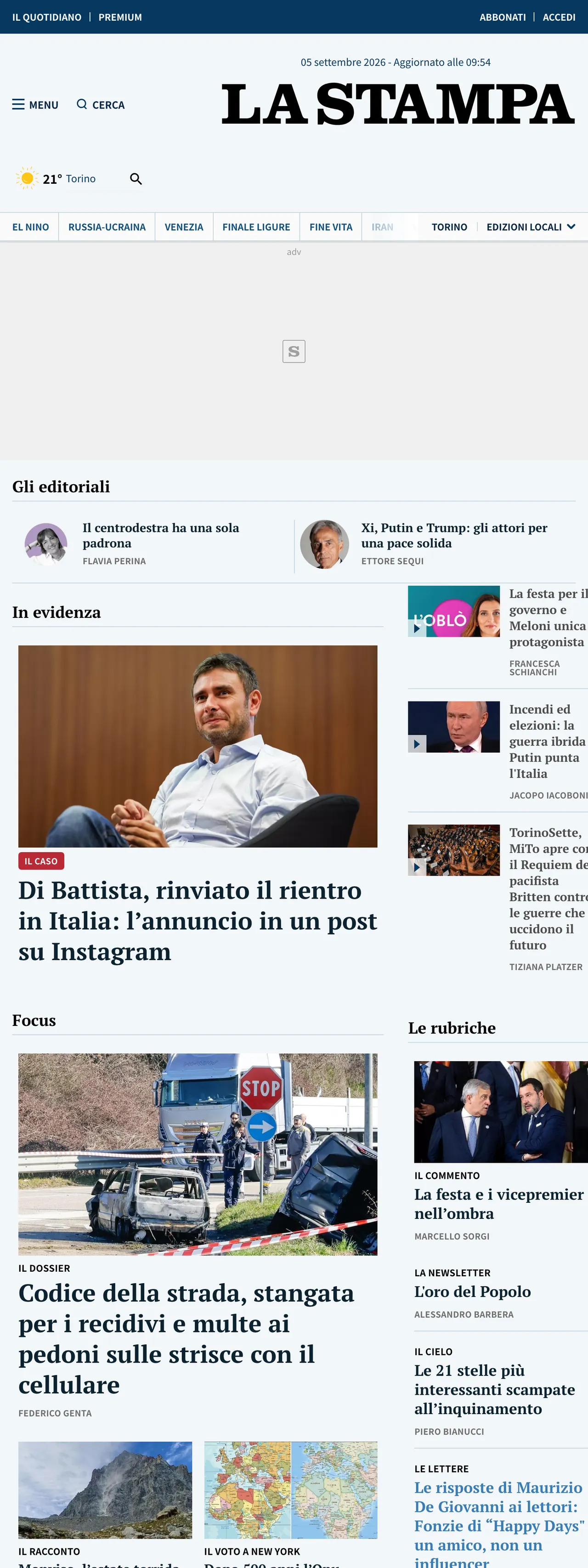 Screenshot of the La Stampa front page