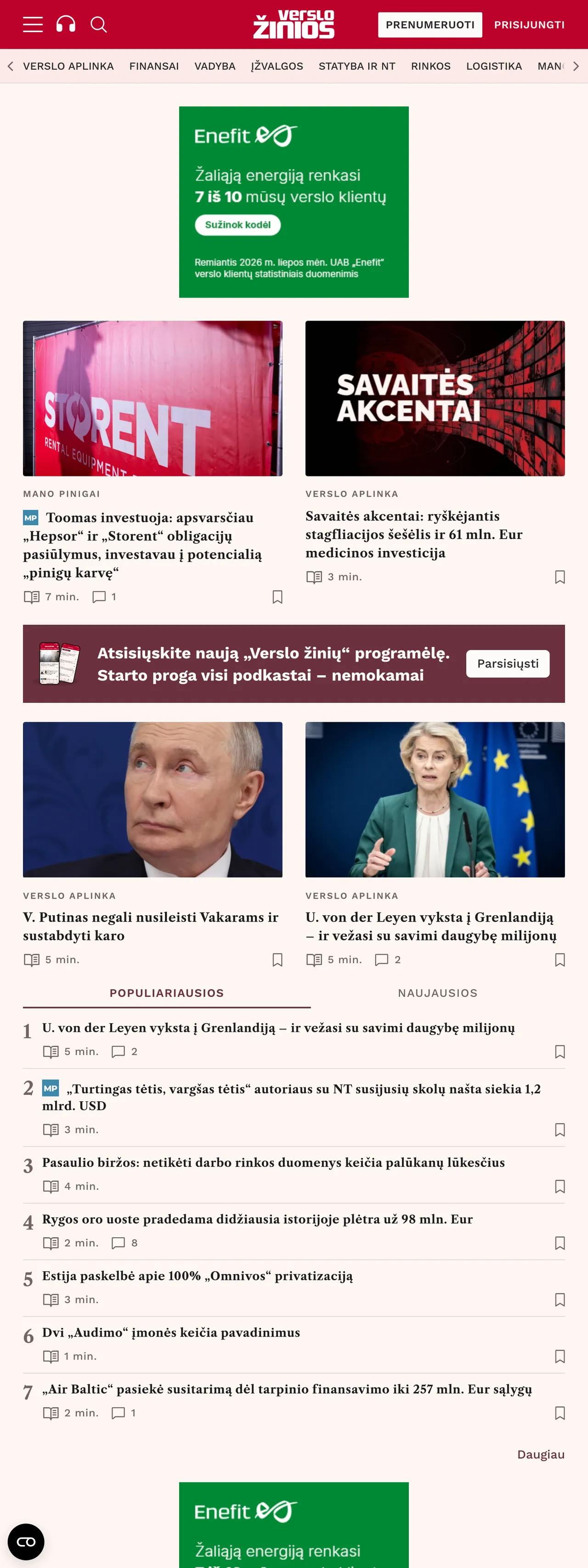 Screenshot of the Verslo žinios front page