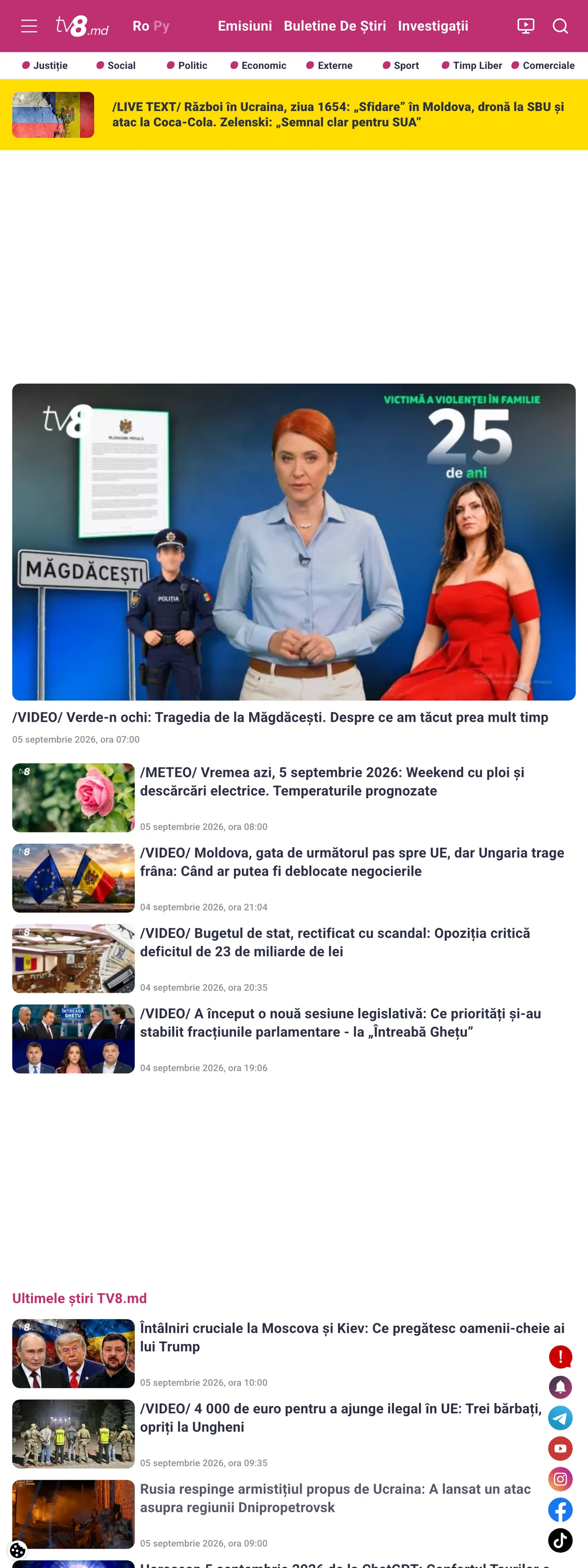 Screenshot of the TV8 front page
