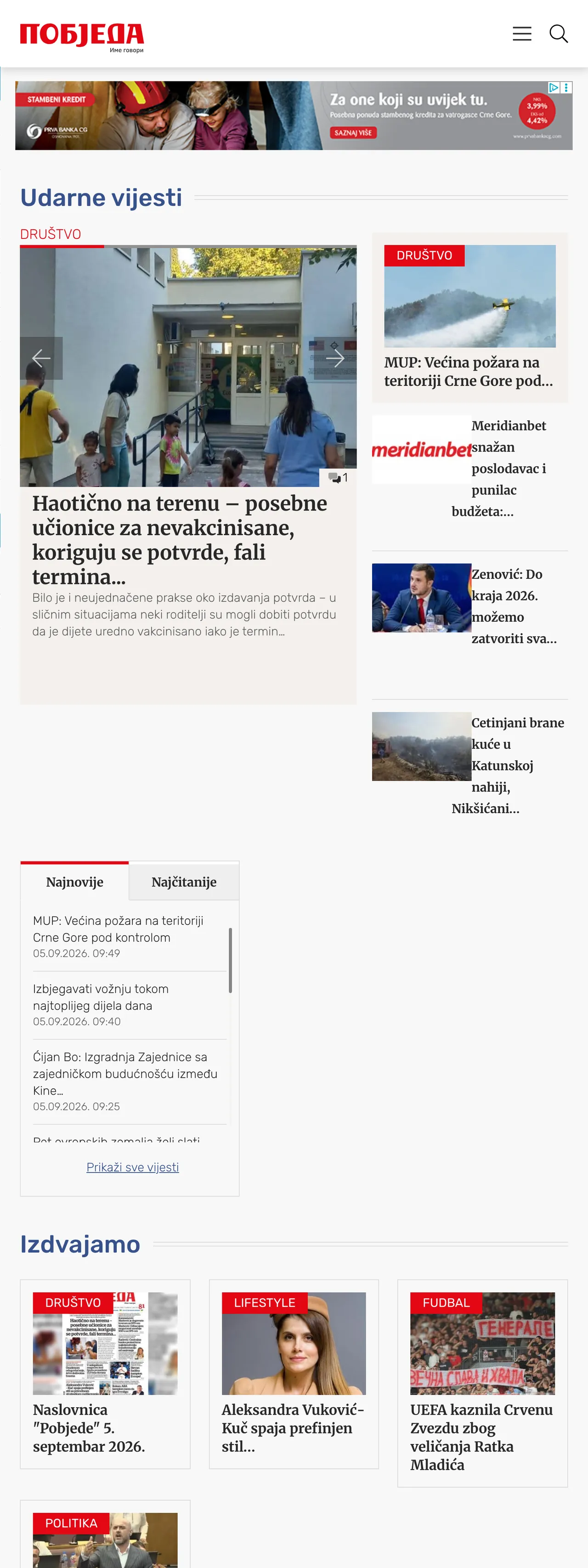 Screenshot of the Pobjeda front page