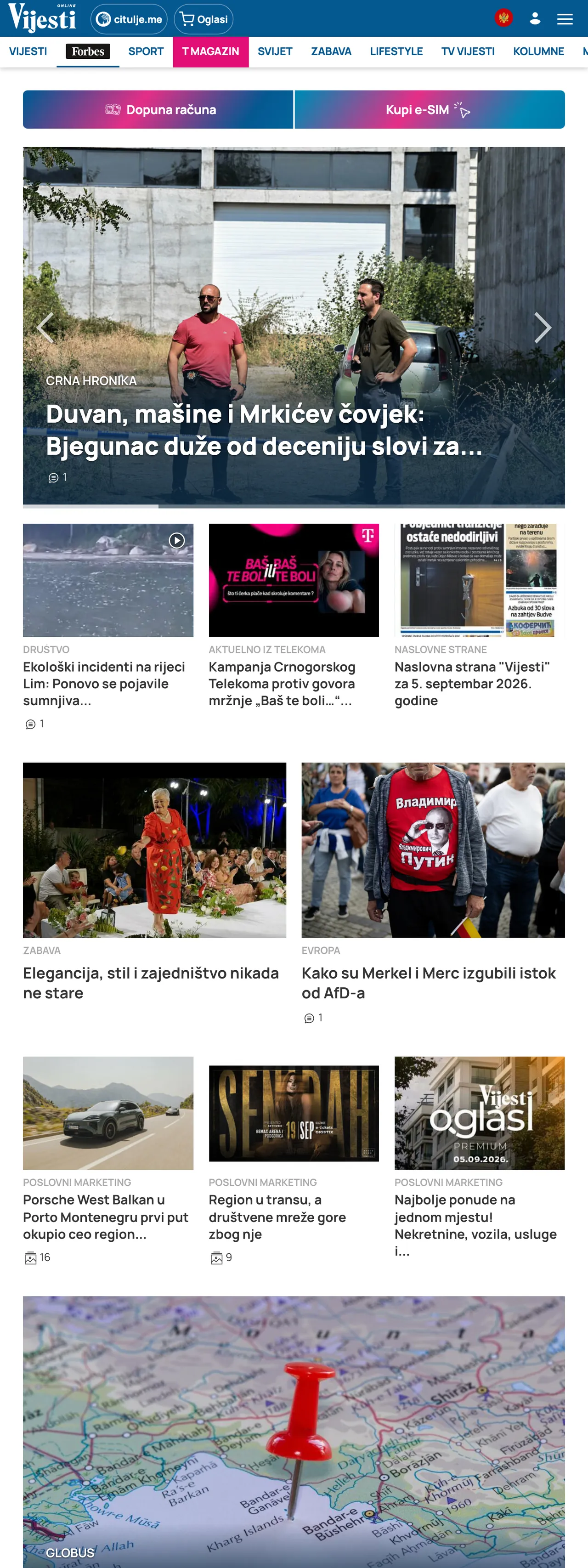 Screenshot of the Vijesti front page