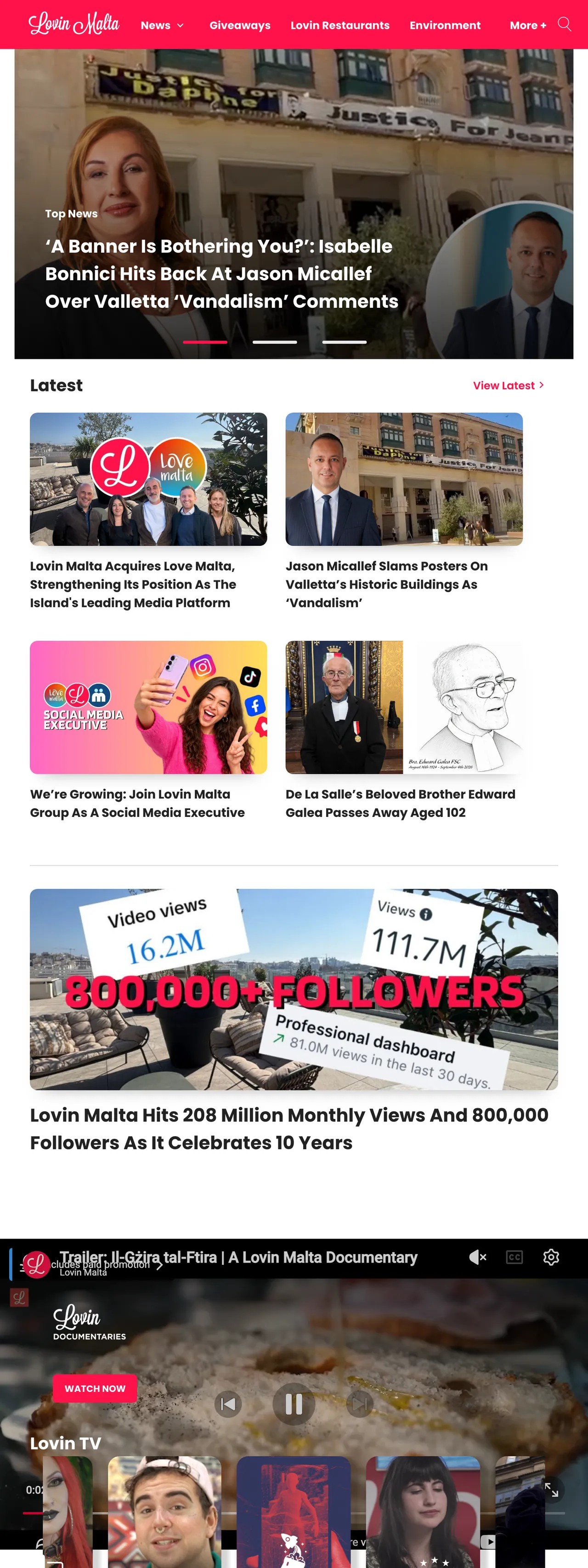 Screenshot of the Lovin Malta front page