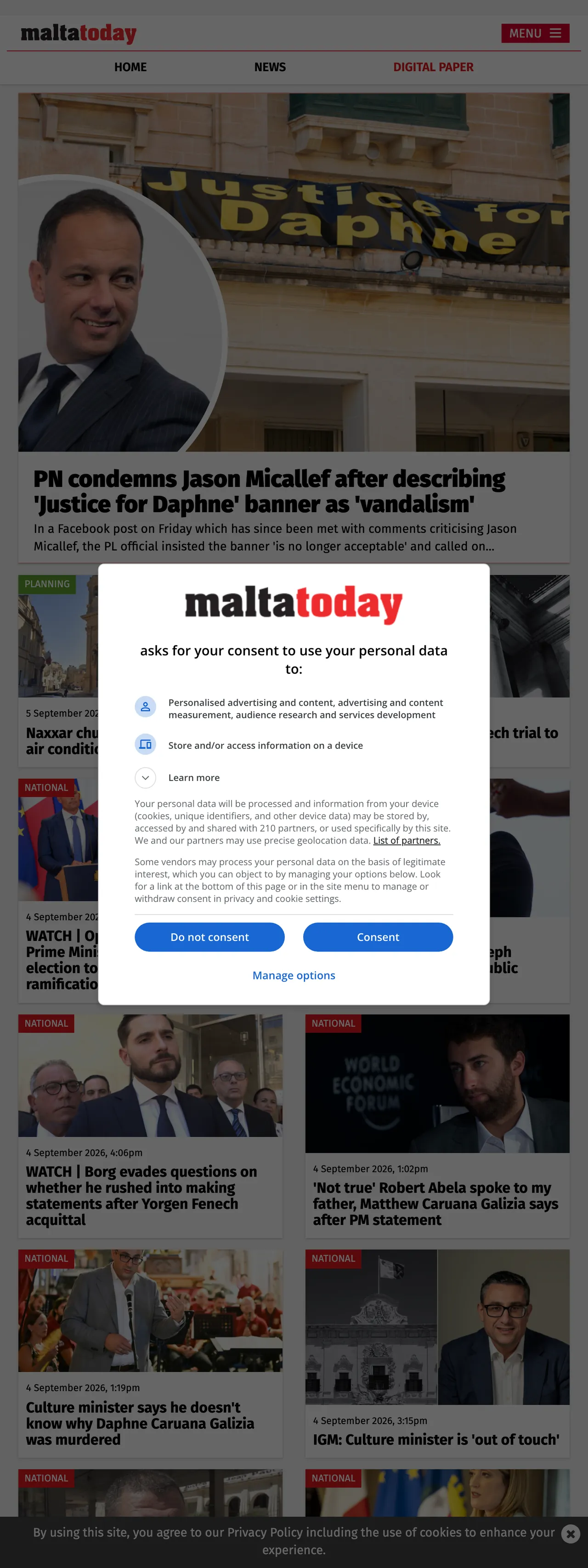Screenshot of the Malta Today front page