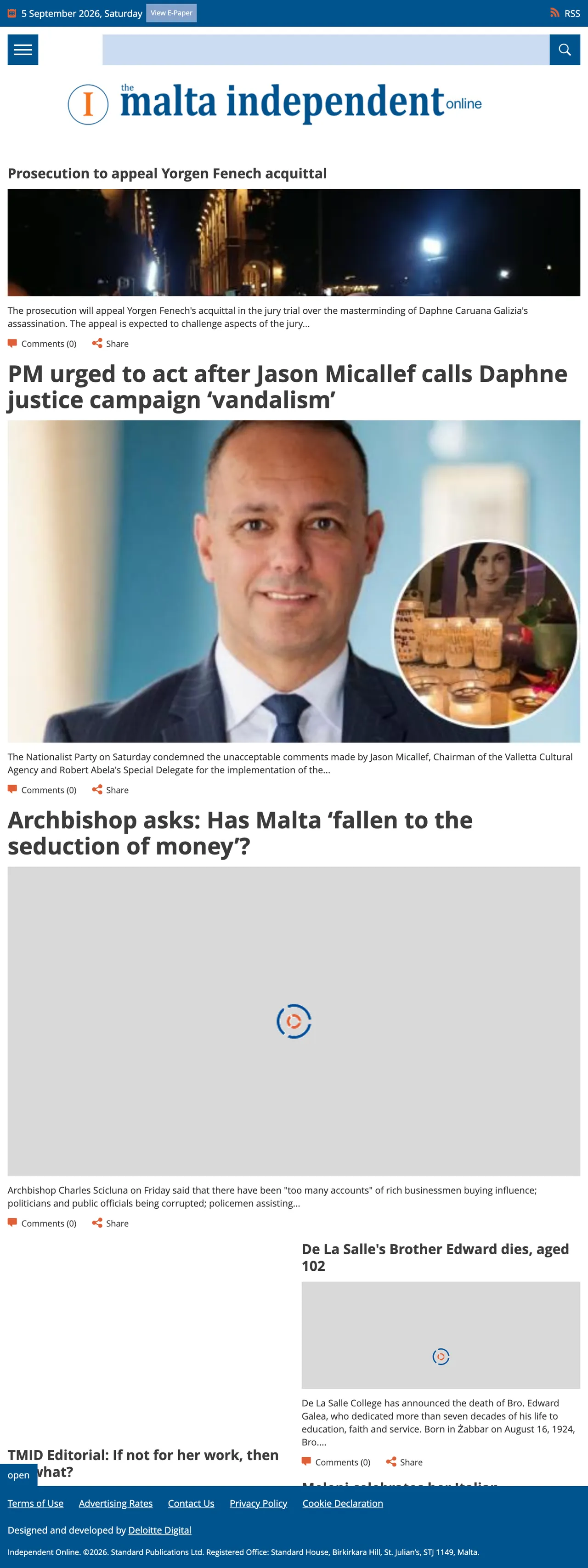 Screenshot of the The Malta Independent front page