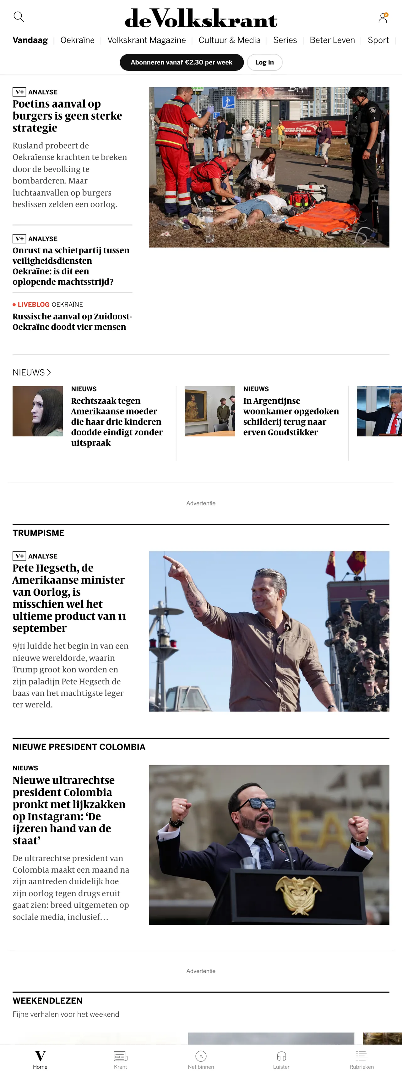 Screenshot of the de Volkskrant front page