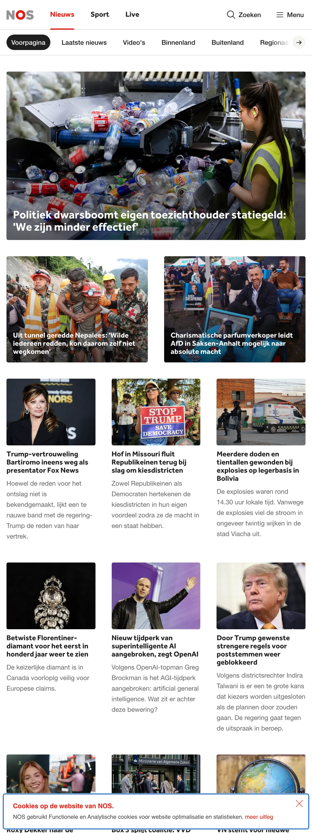 Screenshot of the NOS front page