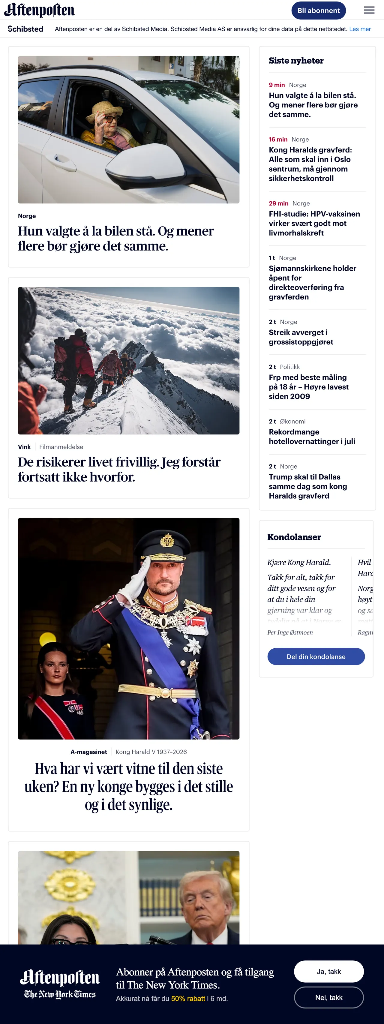 Screenshot of the Aftenposten front page