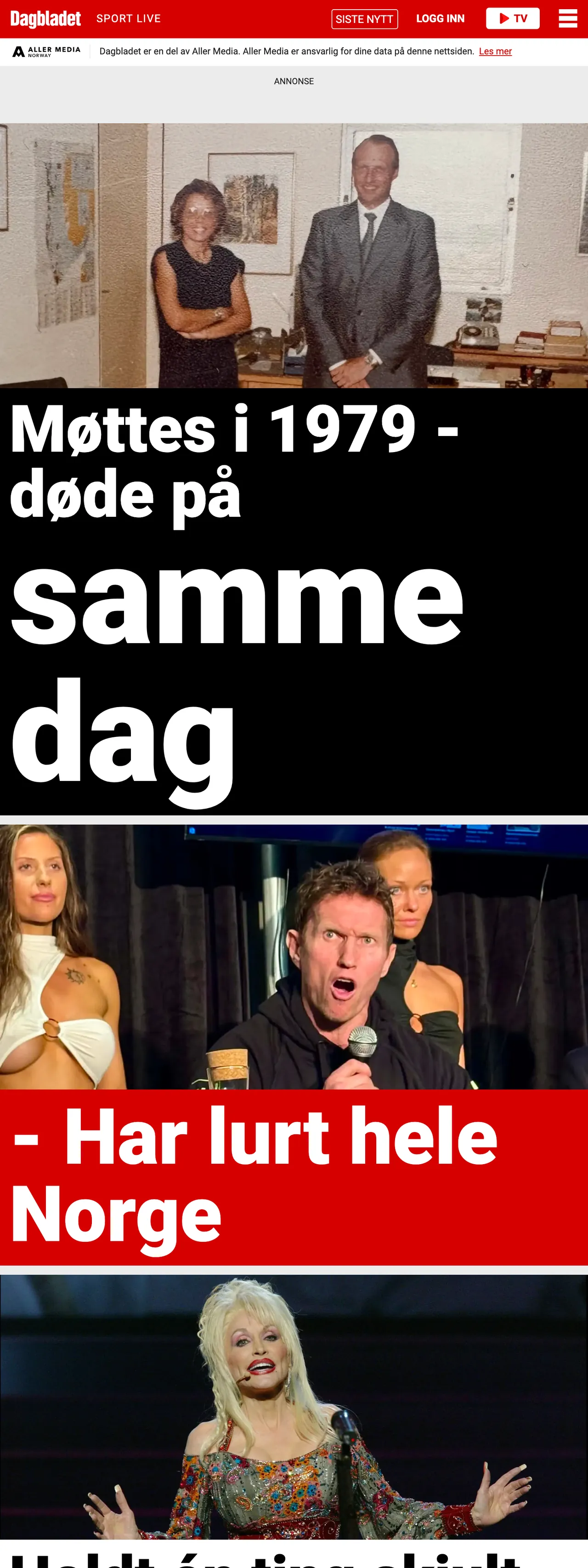 Screenshot of the Dagbladet front page