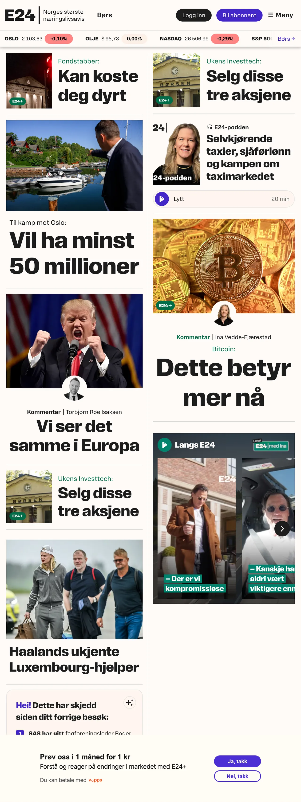 Screenshot of the E24 front page