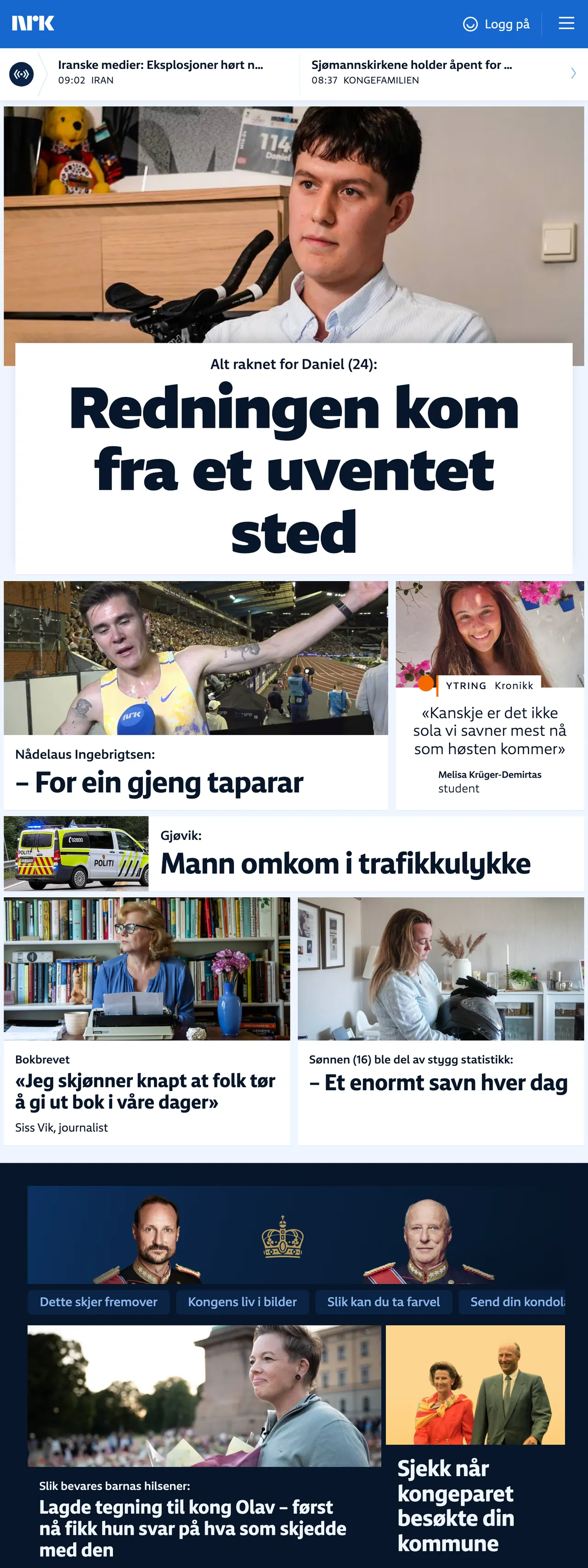 Screenshot of the NRK front page