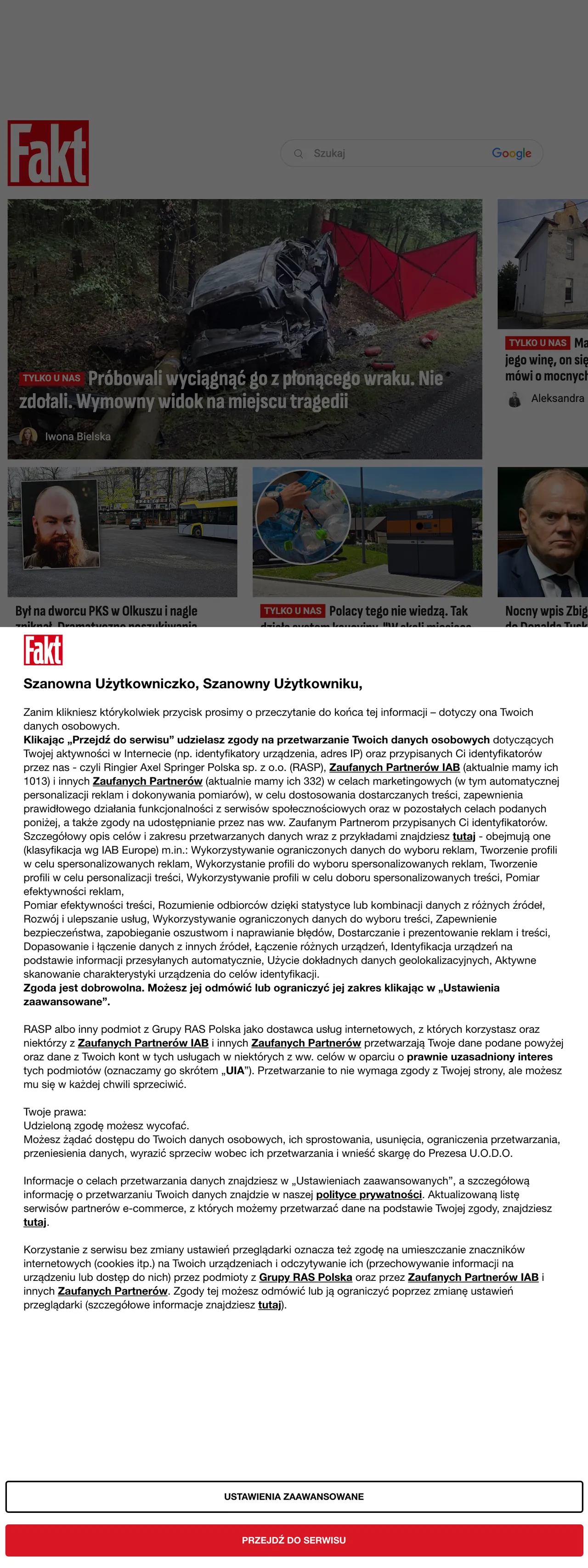 Screenshot of the Fakt front page