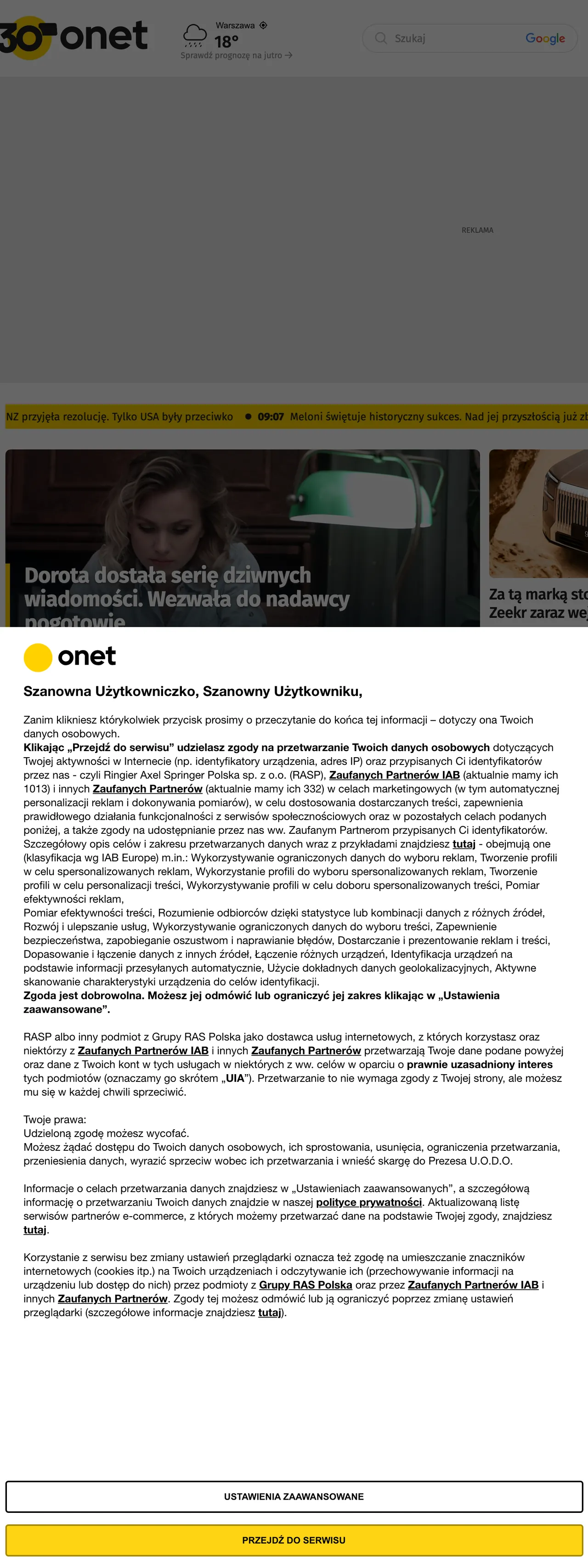 Screenshot of the Onet front page
