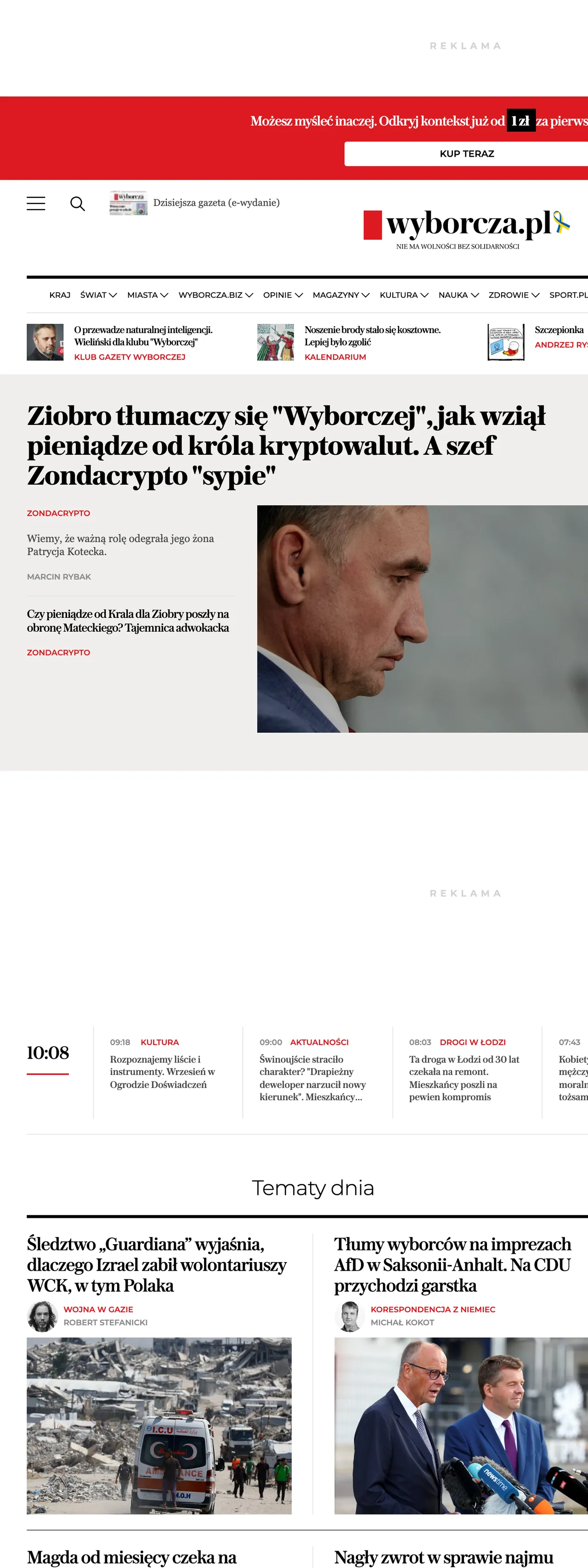 Screenshot of the Wyborcza front page