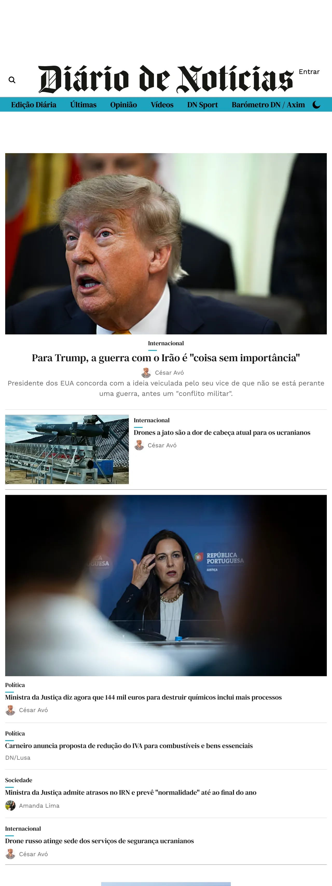 Screenshot of the Diário de Notícias front page