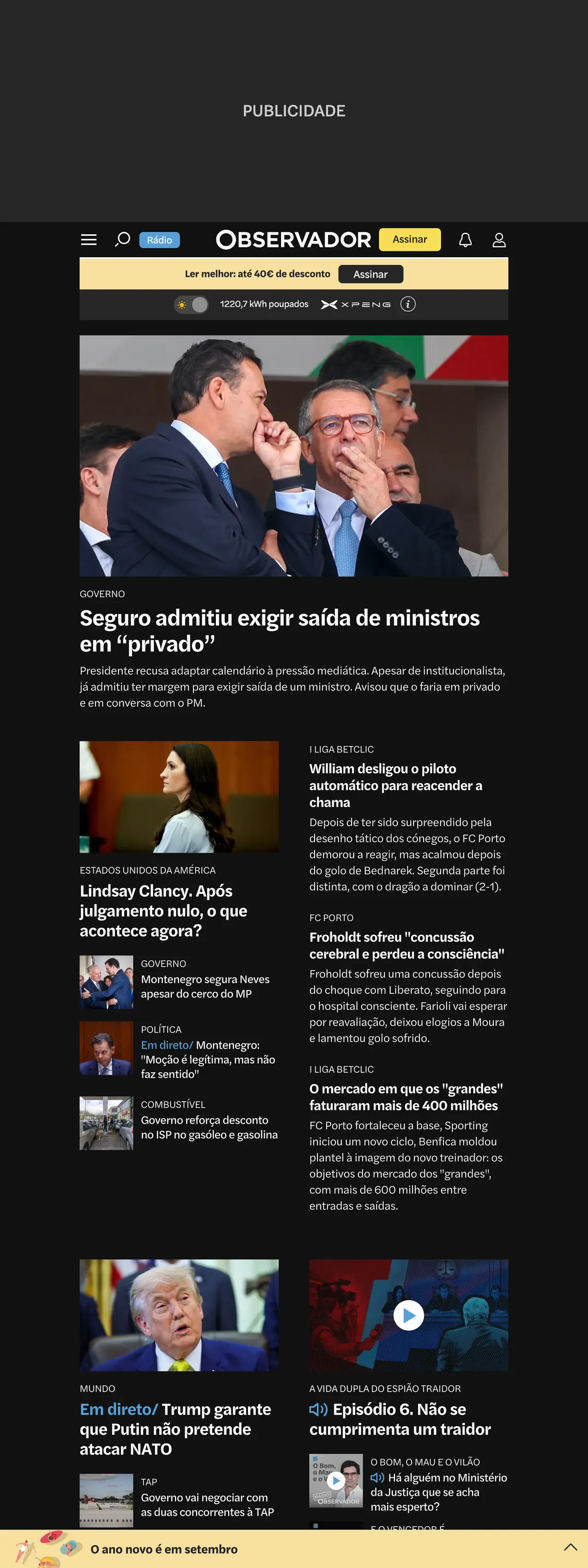 Screenshot of the Observador front page