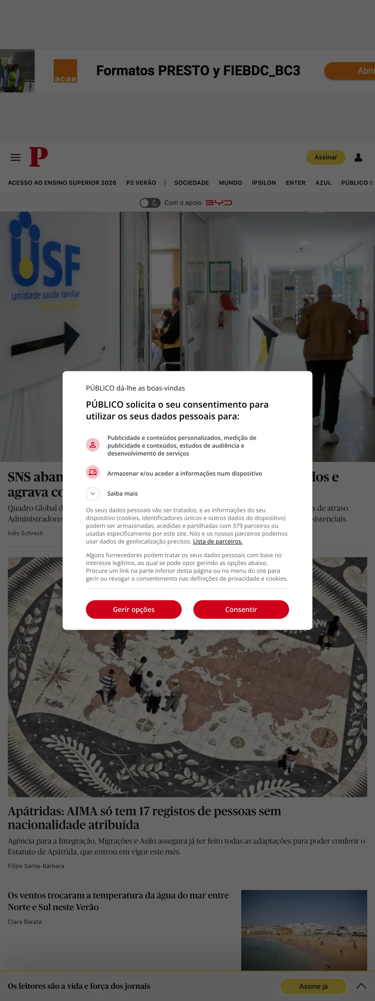 Screenshot of the Público front page