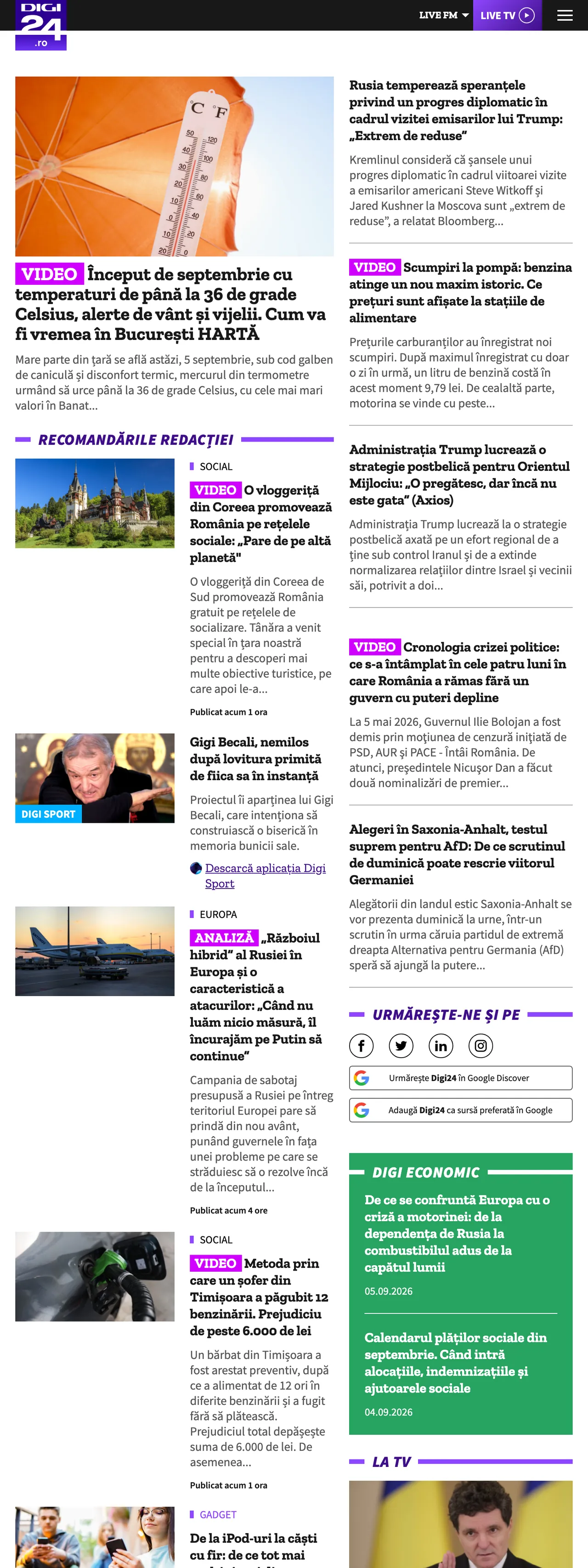 Screenshot of the Digi24 front page