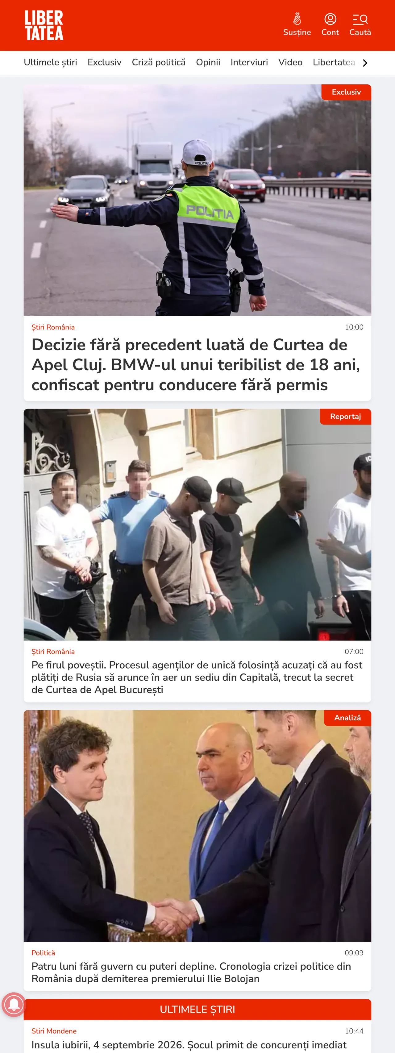 Screenshot of the Libertatea front page