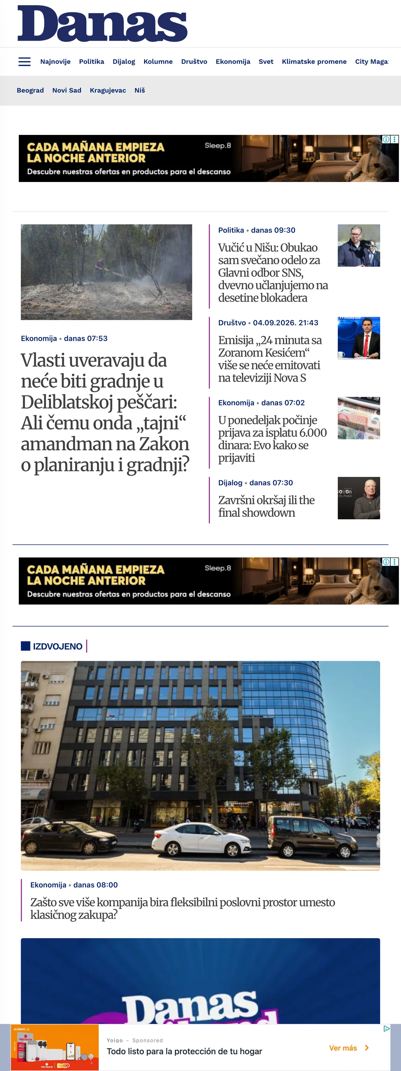 Screenshot of the Danas front page